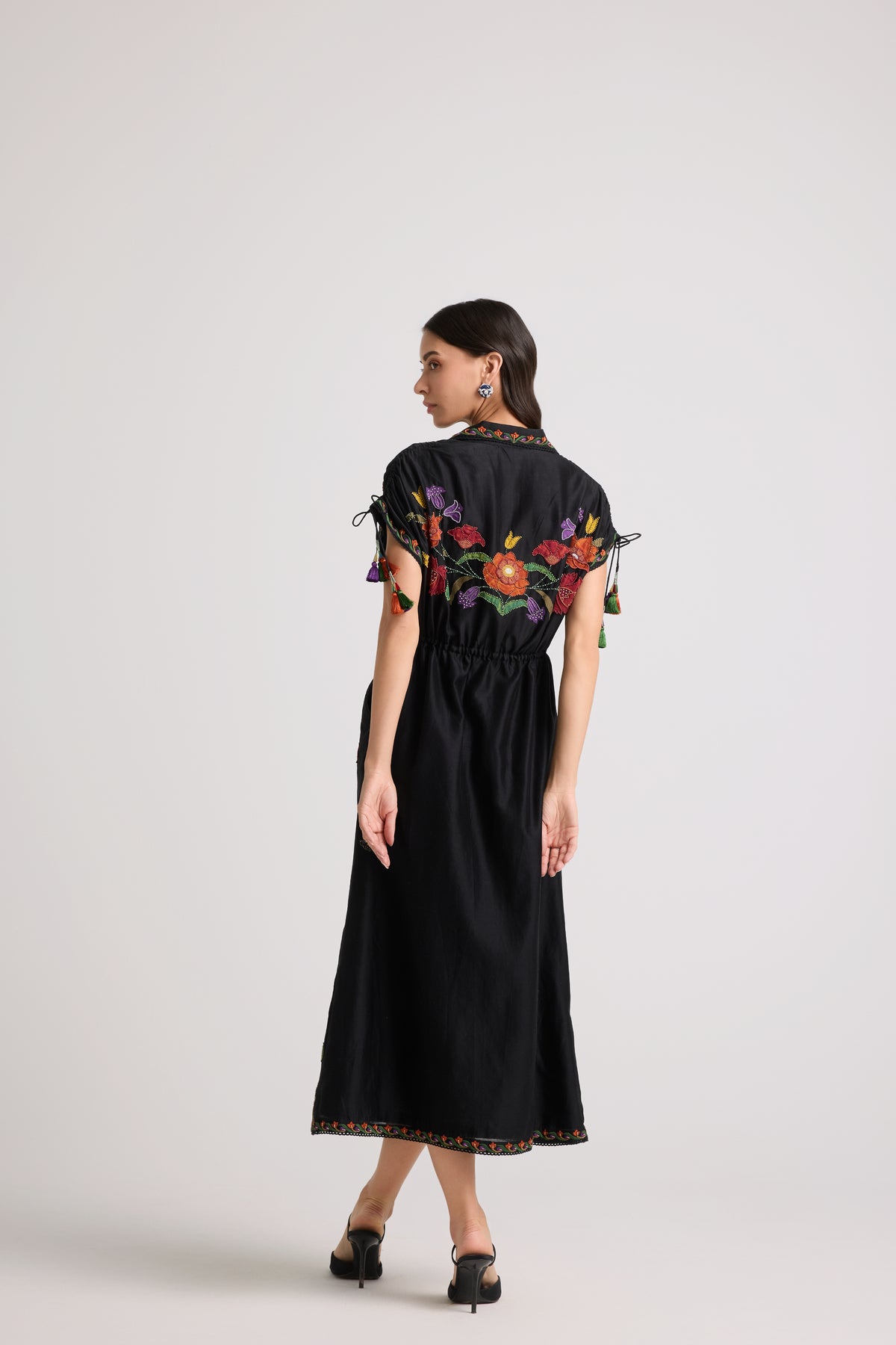 Black Applique Beaded Shirt Dress