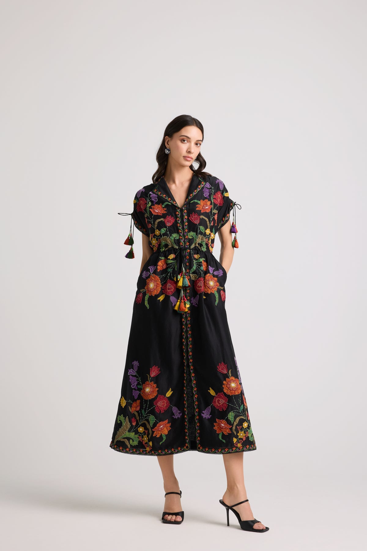 Black Applique Beaded Shirt Dress