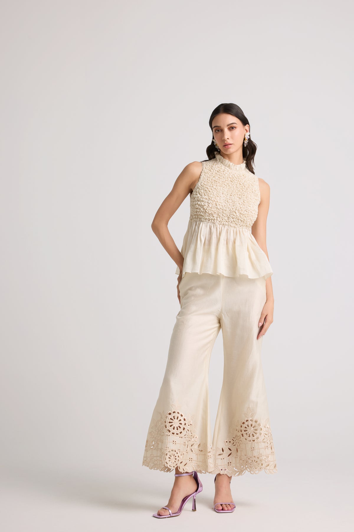 Ivory Floral Cutwork Bell Bottoms