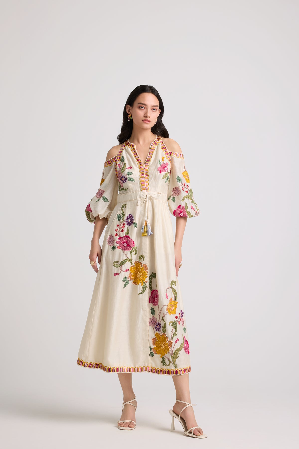 Ivory Floral Cold Shoulder Midi Dress