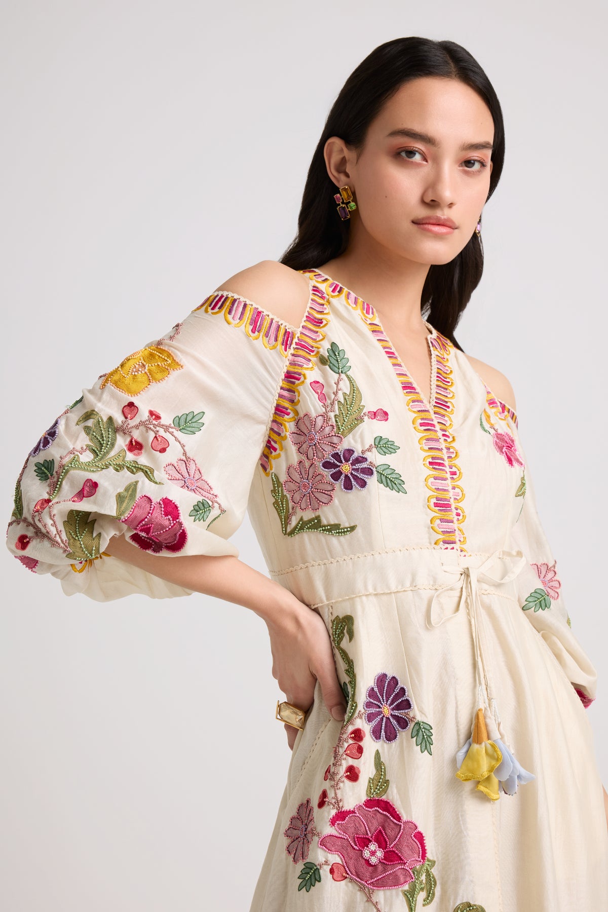 Ivory Floral Cold Shoulder Midi Dress