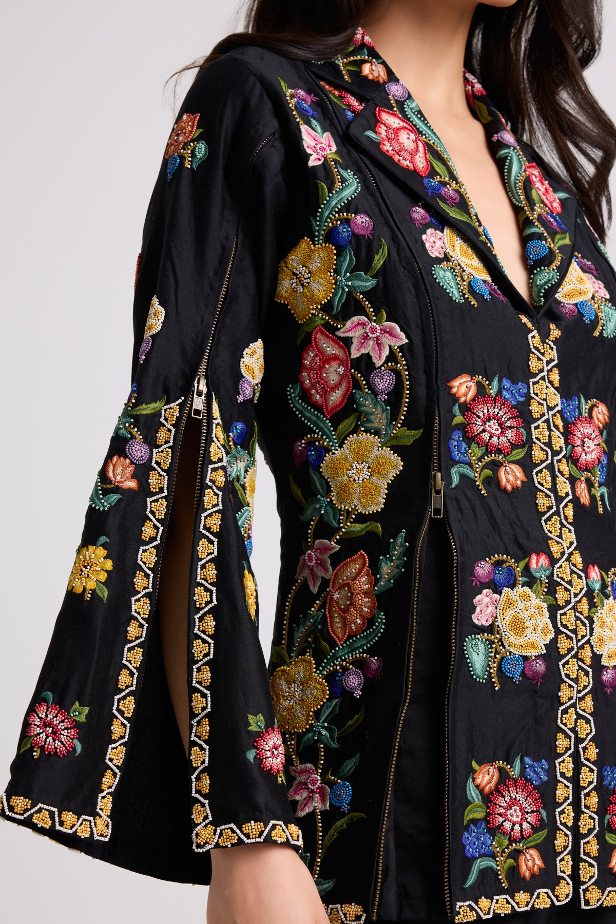 Black Floral Zipper Detail Jacket