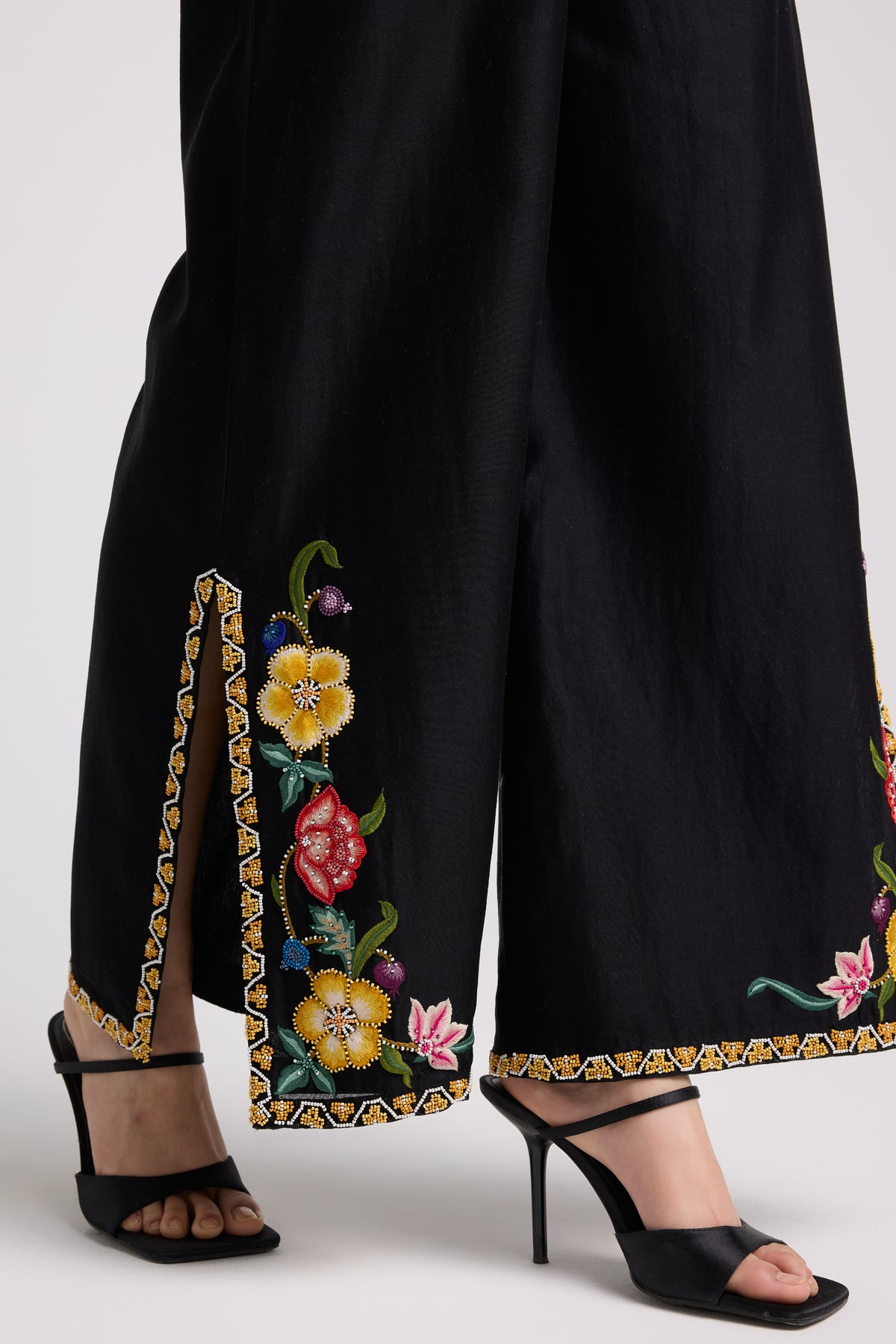 Black Floral Embroidered Flared Pants