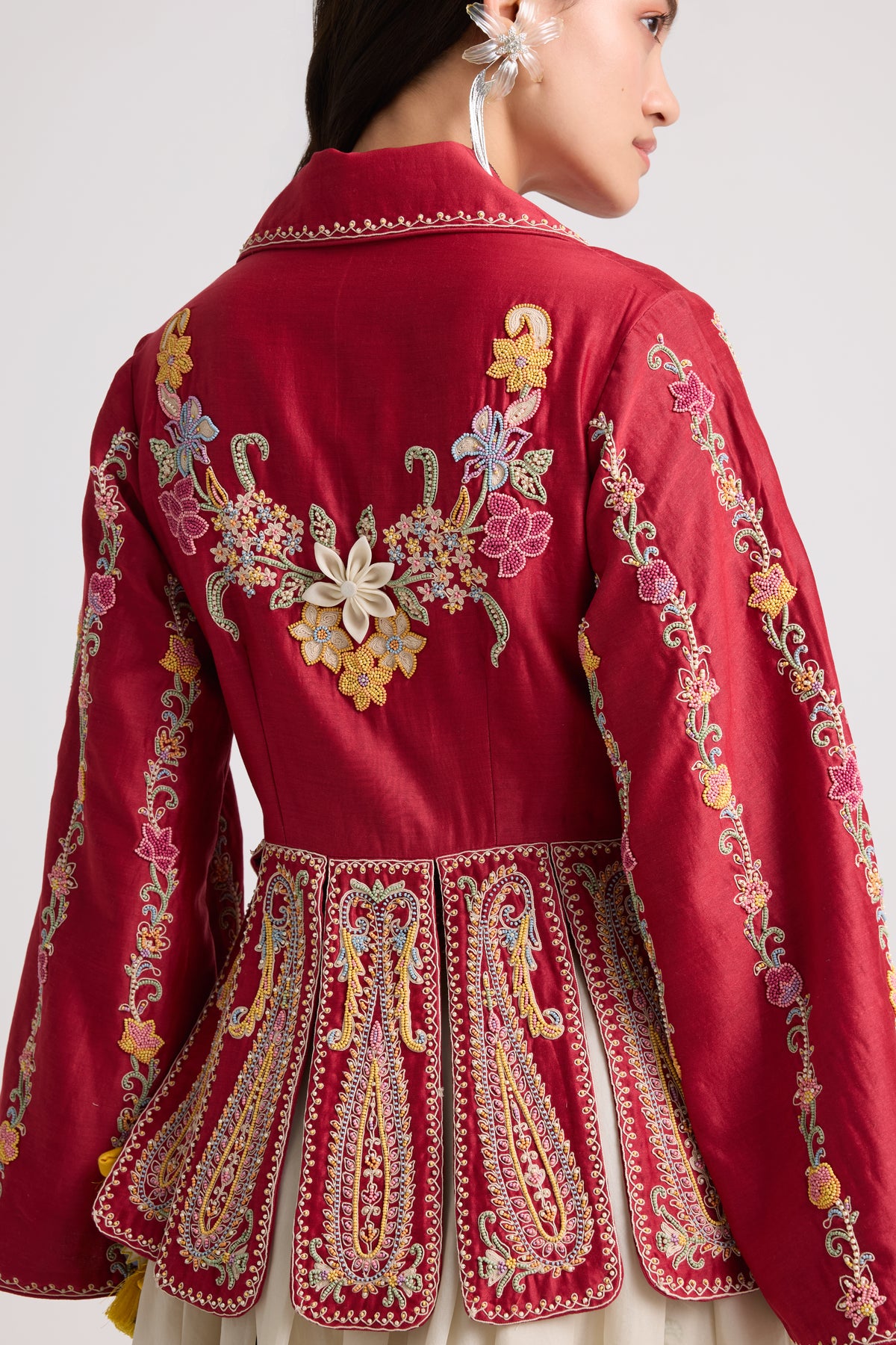 Red Contrast Beadwork Panelled Jacket