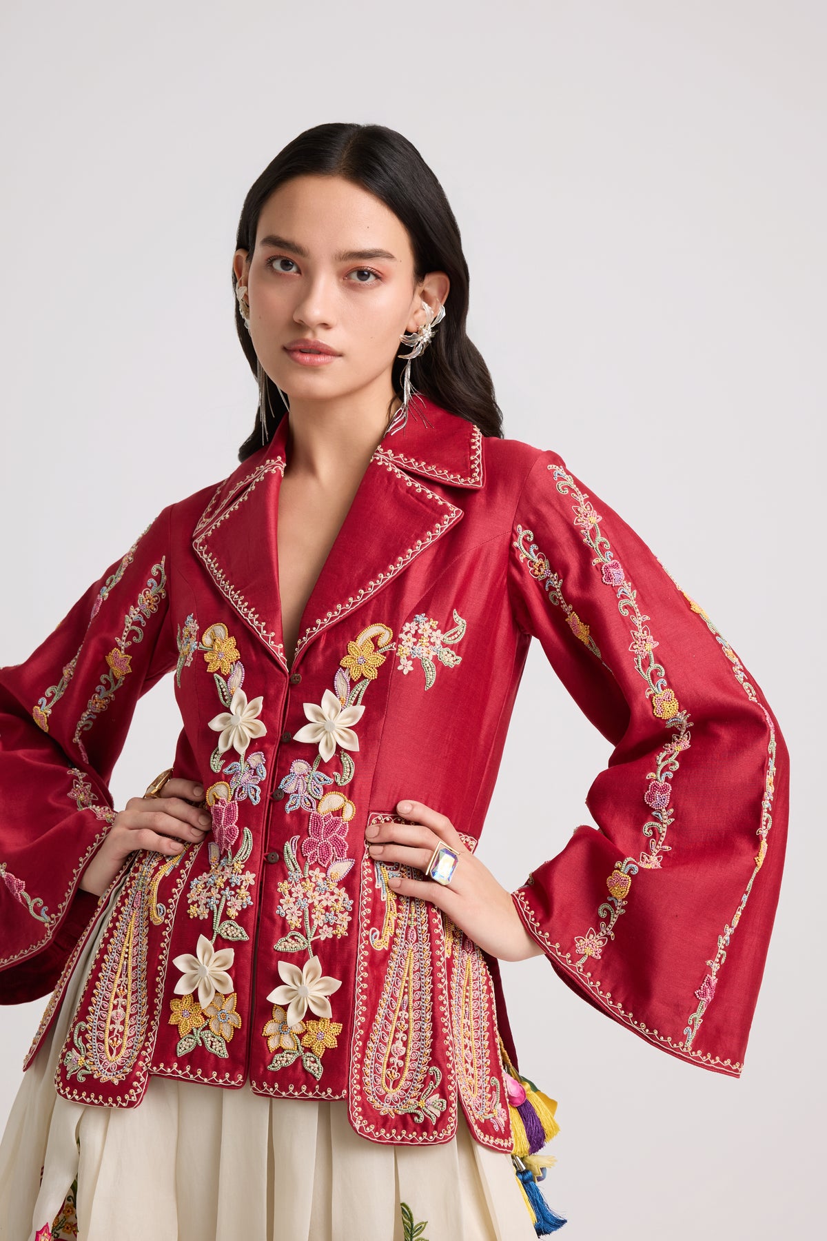 Red Contrast Beadwork Panelled Jacket