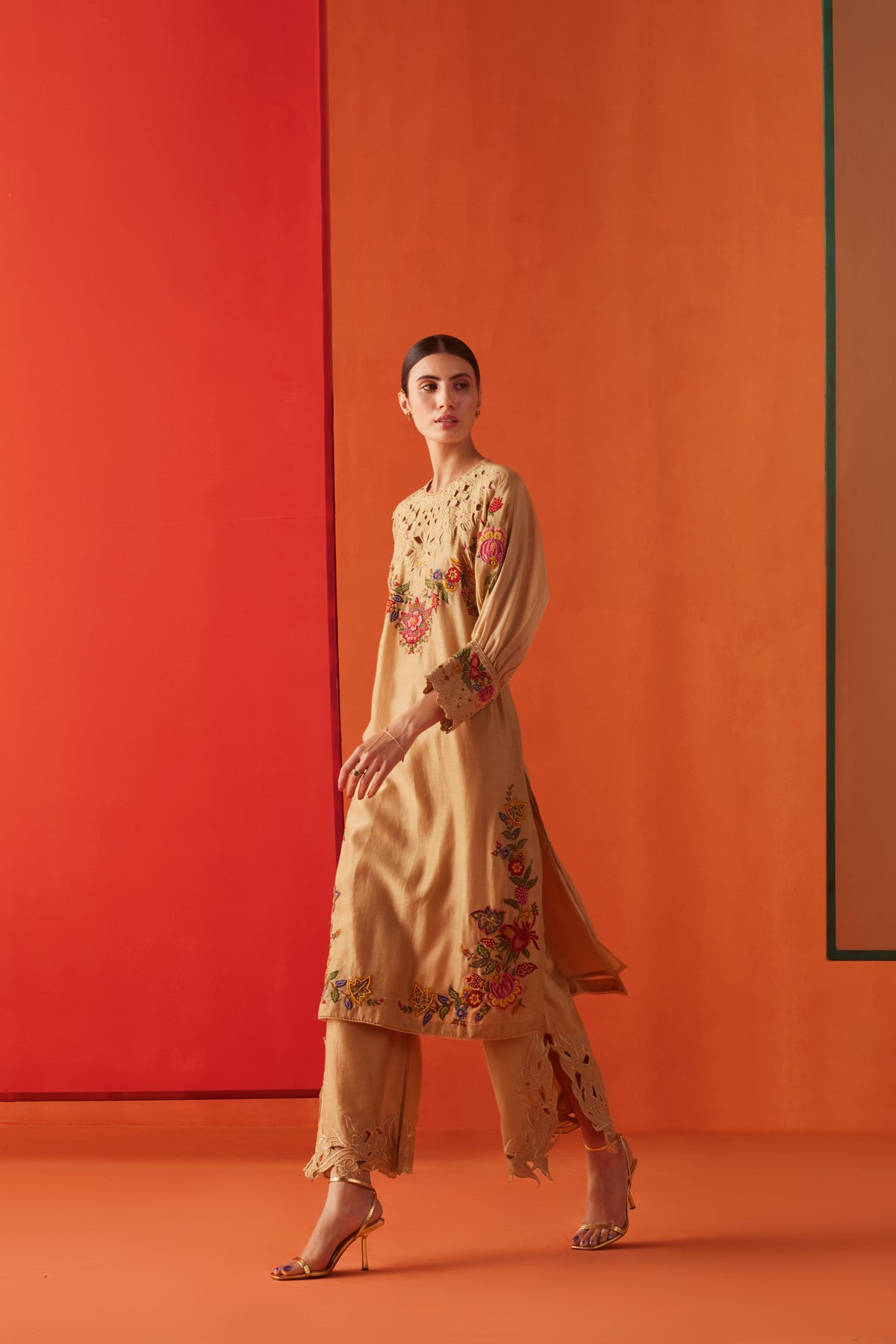 Beige Embroidered Kimono Kurta Set
