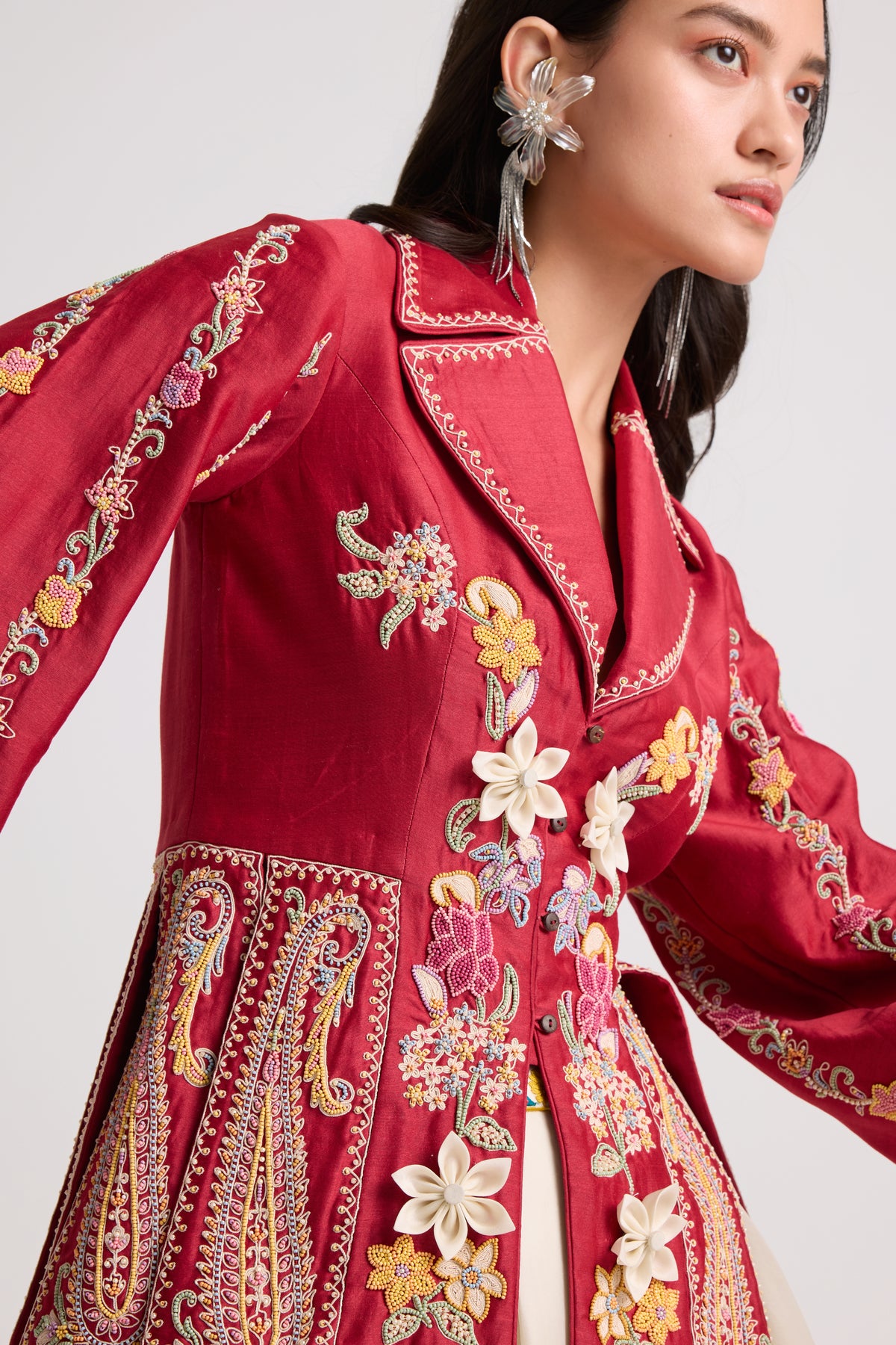 Red Contrast Beadwork Panelled Jacket