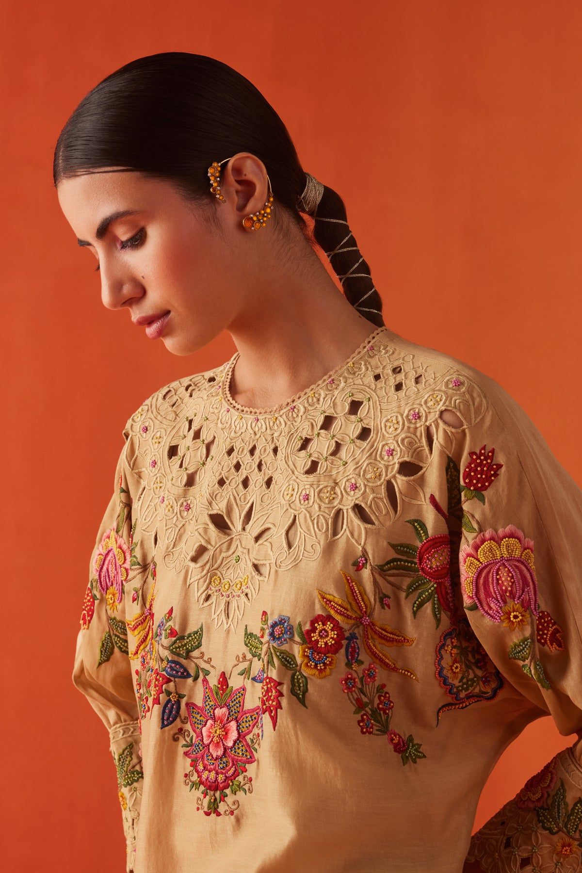 Beige Embroidered Kimono Kurta Set