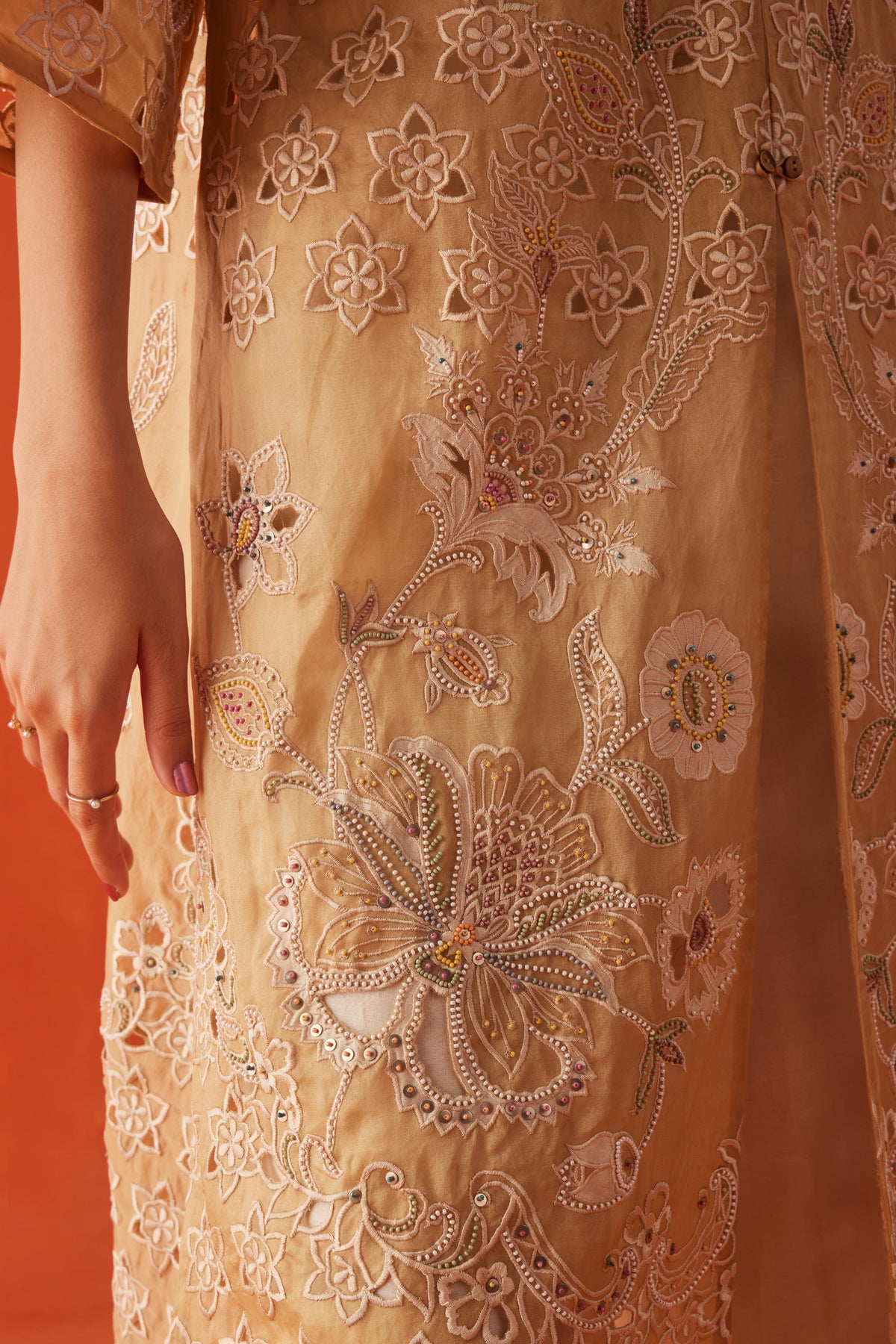 Beige Contrast Embroidered  Jacket