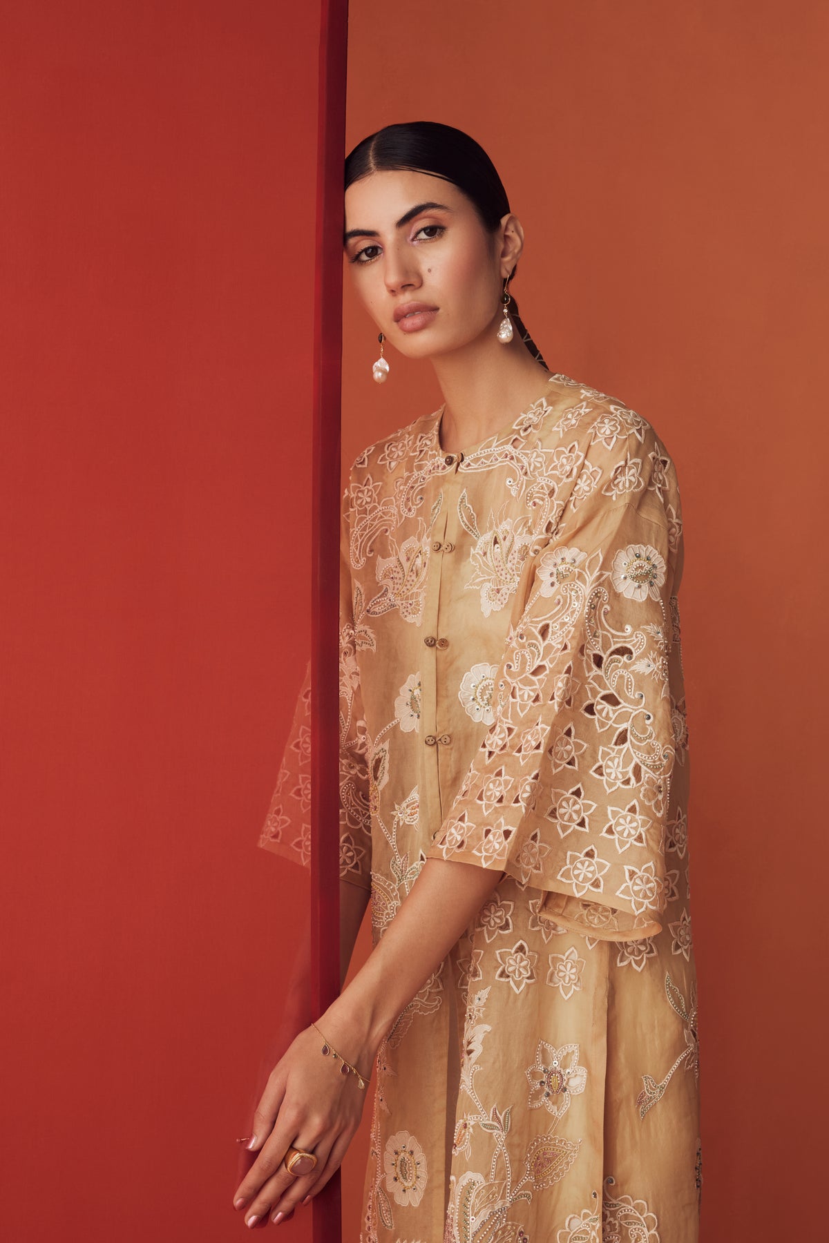Beige Contrast Embroidered  Jacket