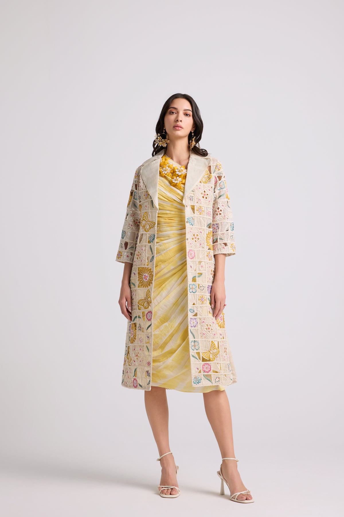 Ivory Floral Checkered Long Jacket