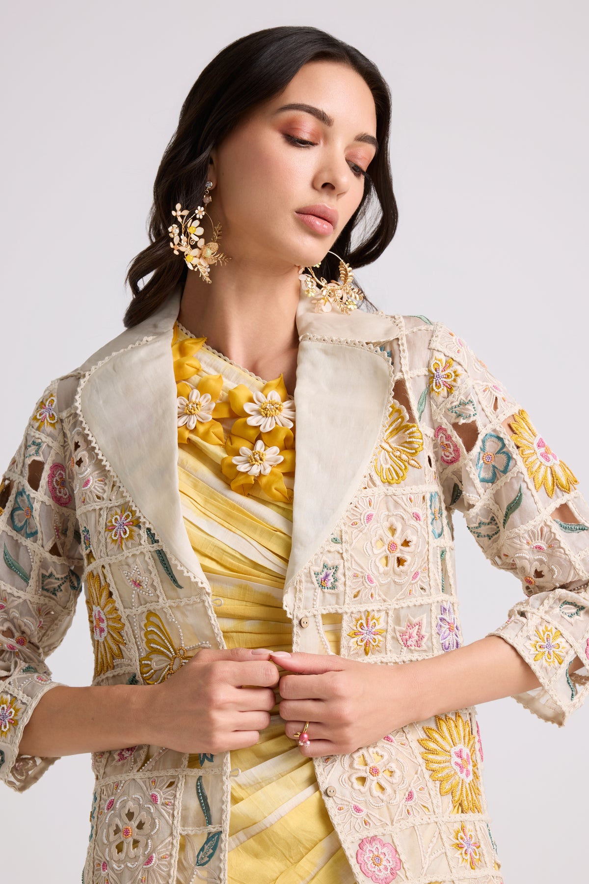 Ivory Floral Checkered Long Jacket