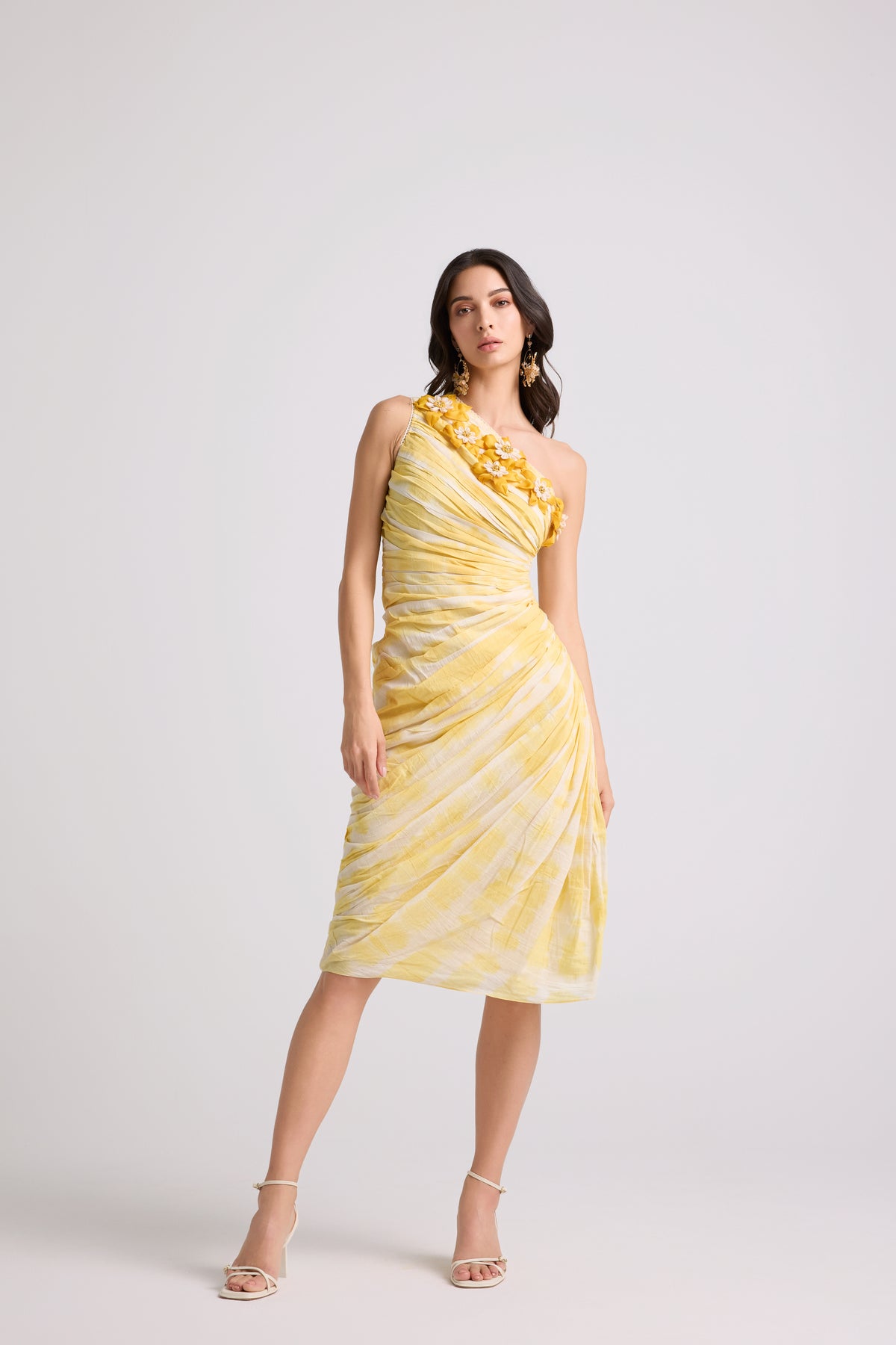 Yellow Tie-dye Asymmetrical Ruched Dress