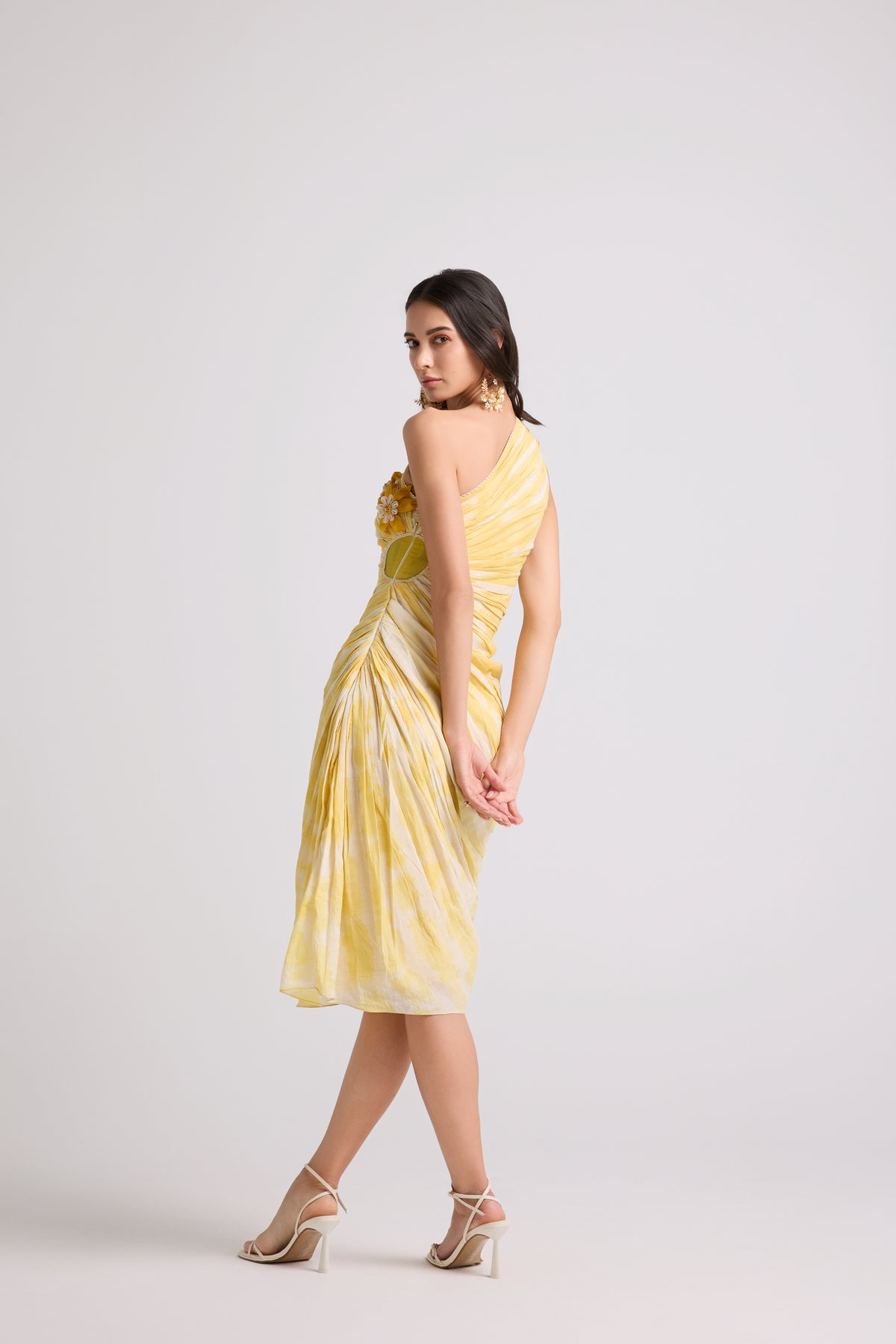 Yellow Tie-dye Asymmetrical Ruched Dress