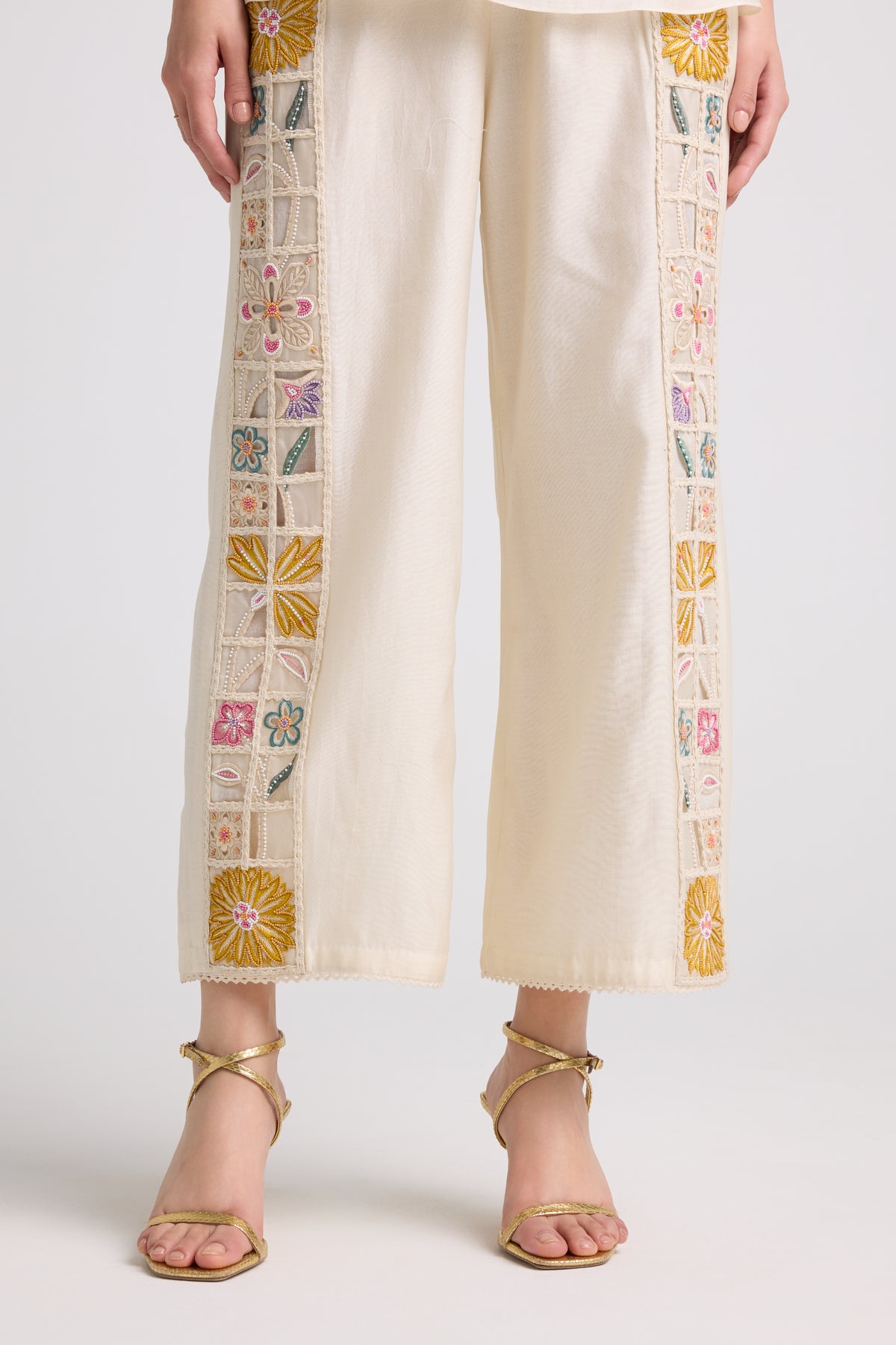 Ivory Checkered Embroidered Pants