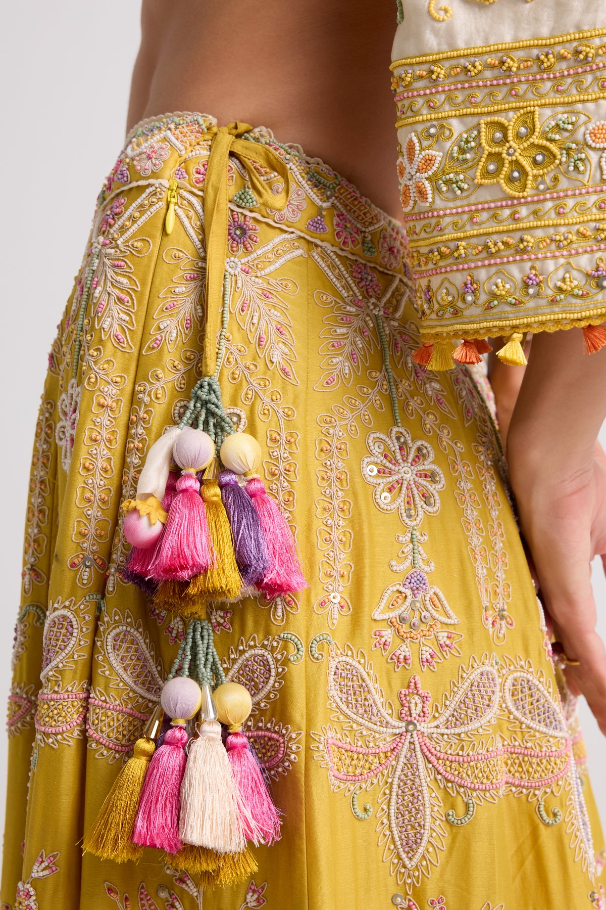 Yellow Contrast Cordwork Beaded Lehenga