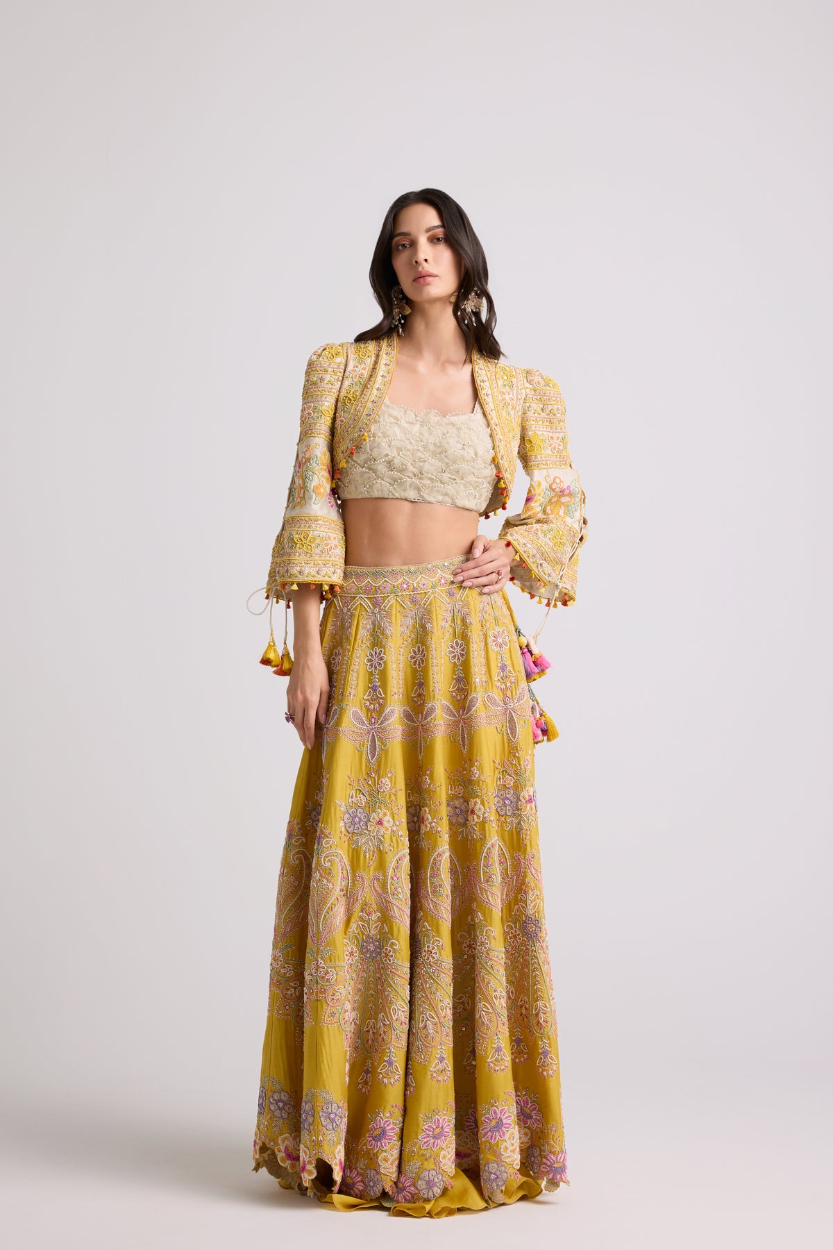 Yellow Contrast Cordwork Beaded Lehenga