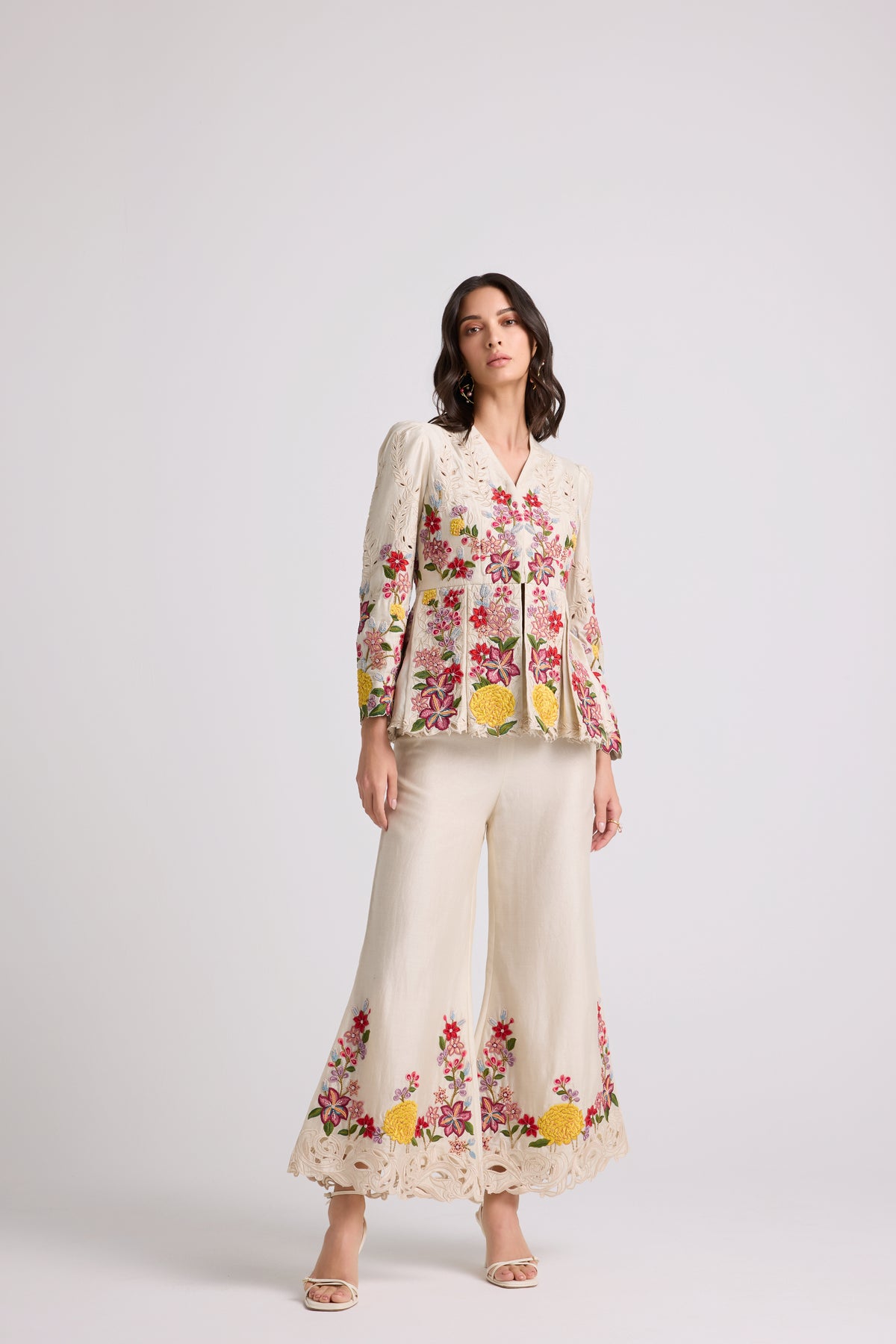 Ivory Floral Threadwork pleated Jacket