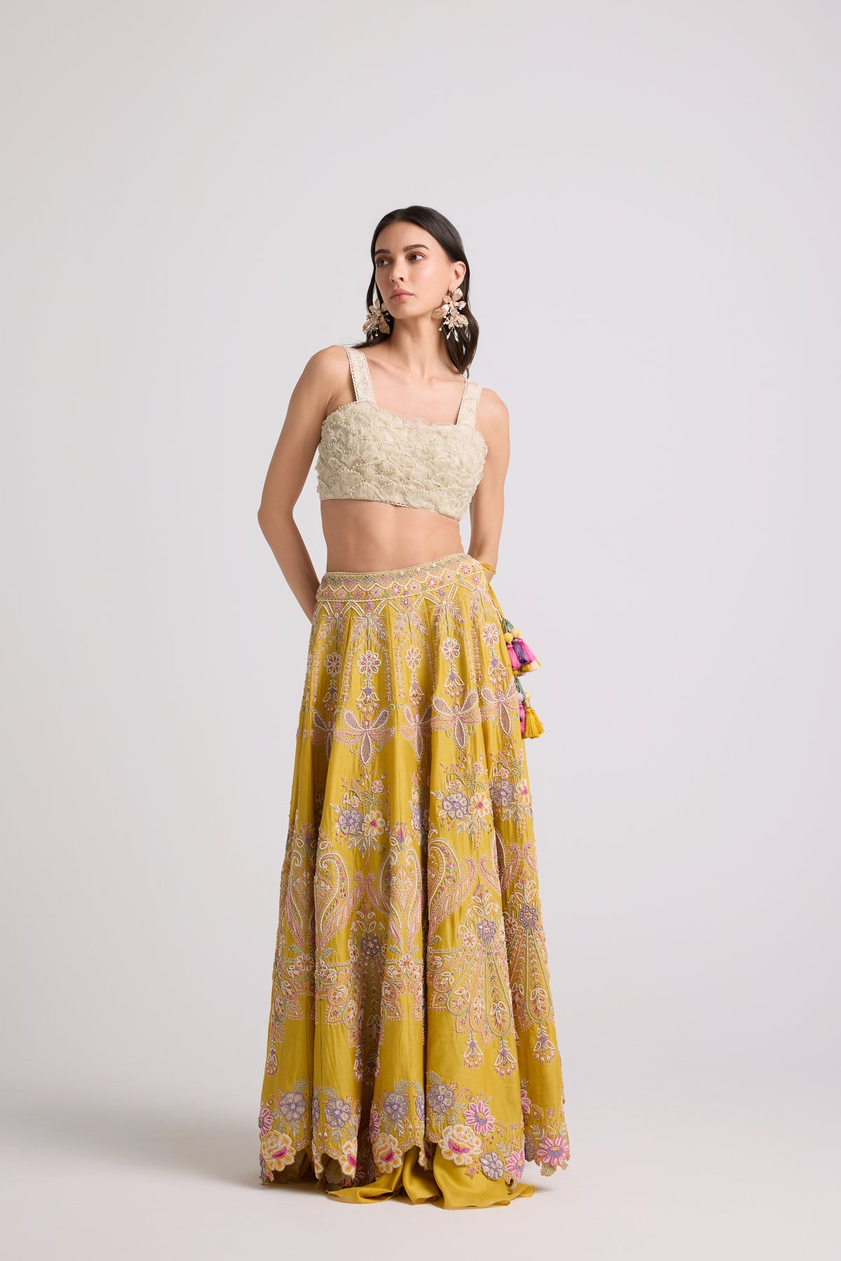 Yellow Contrast Cordwork Beaded Lehenga