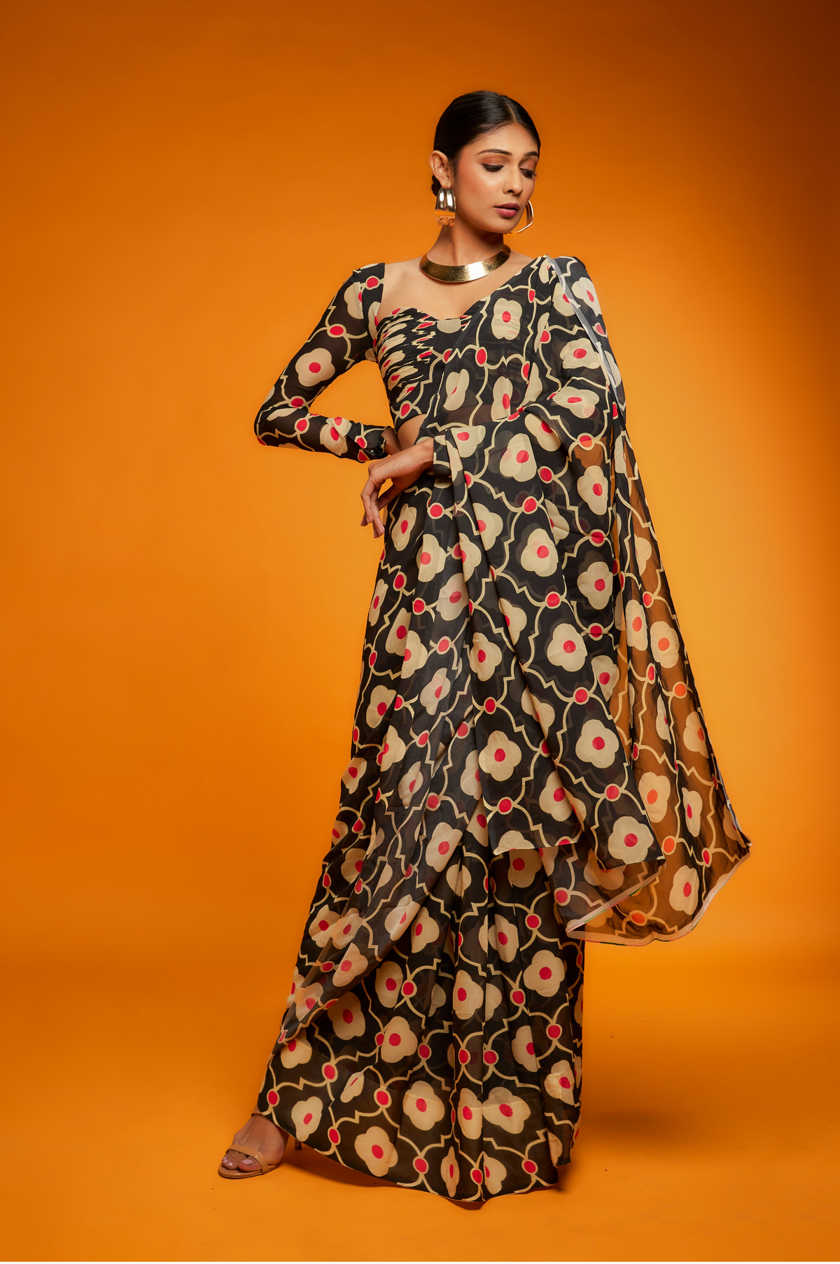 Black beige printed saree