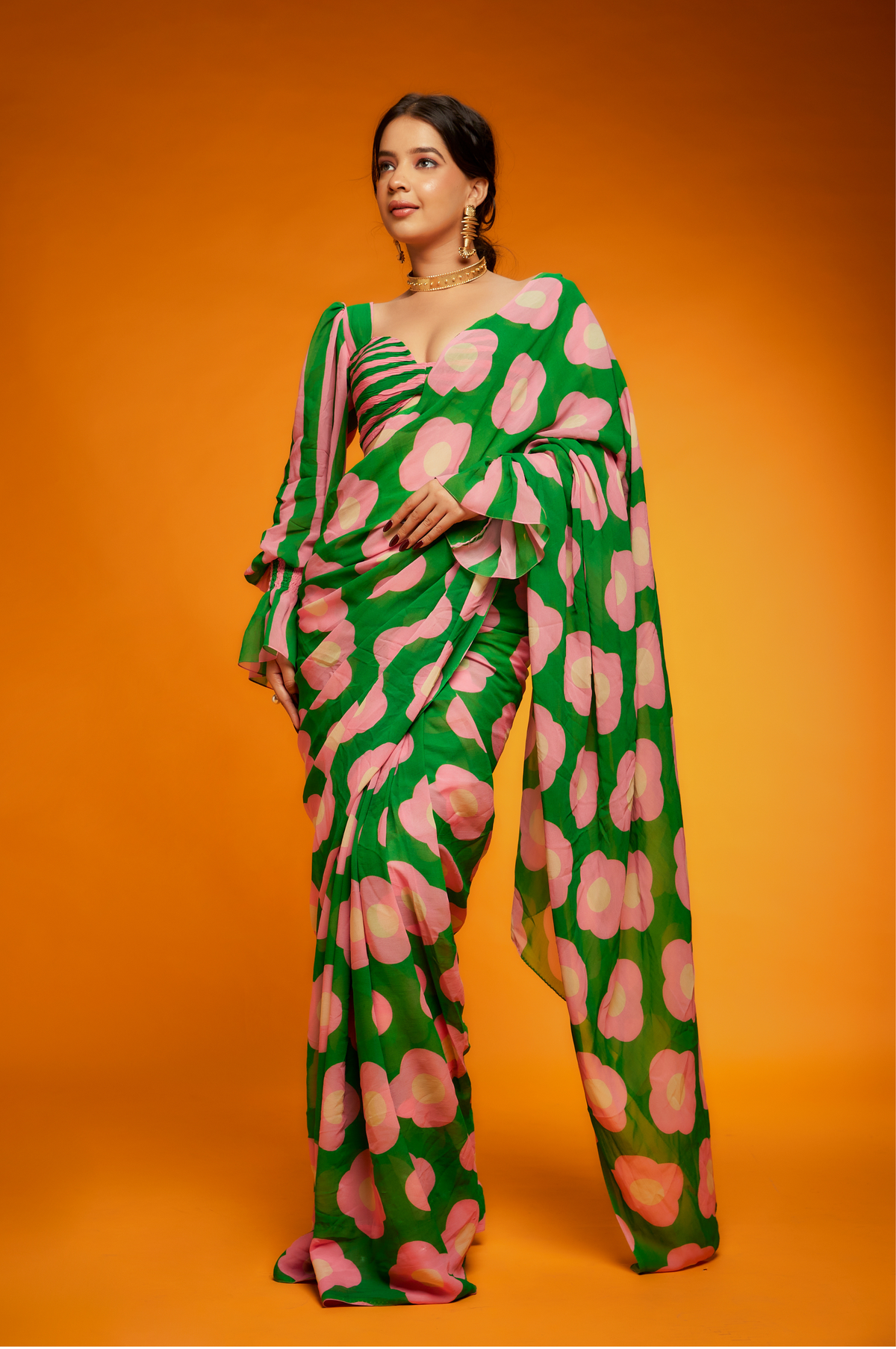 Pink green floral printed saree