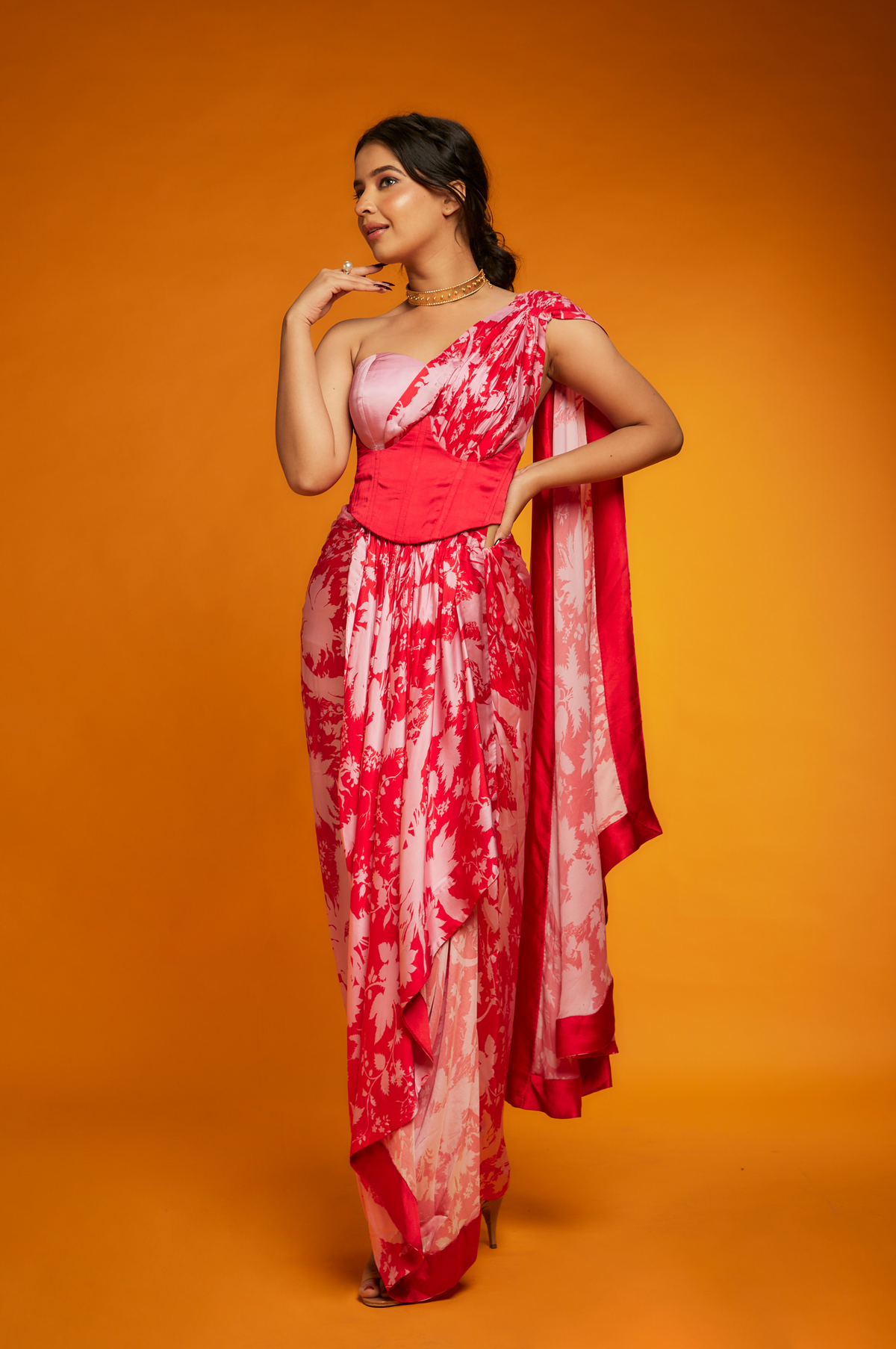 Red &amp; pink suzani corset saree