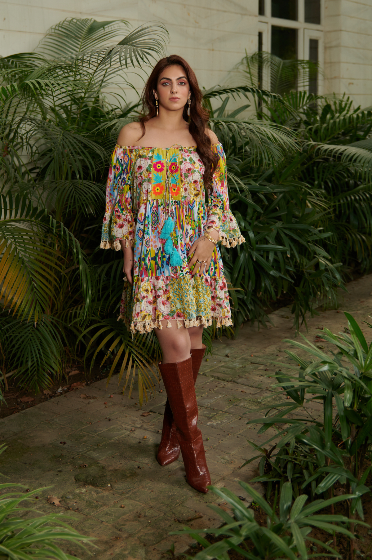 Off Shoulder Printed Multicolor Boxy Dress