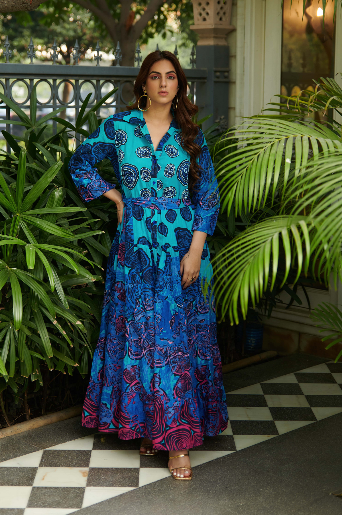 Indigo Printed Quarter Sleeve Maxi Dress