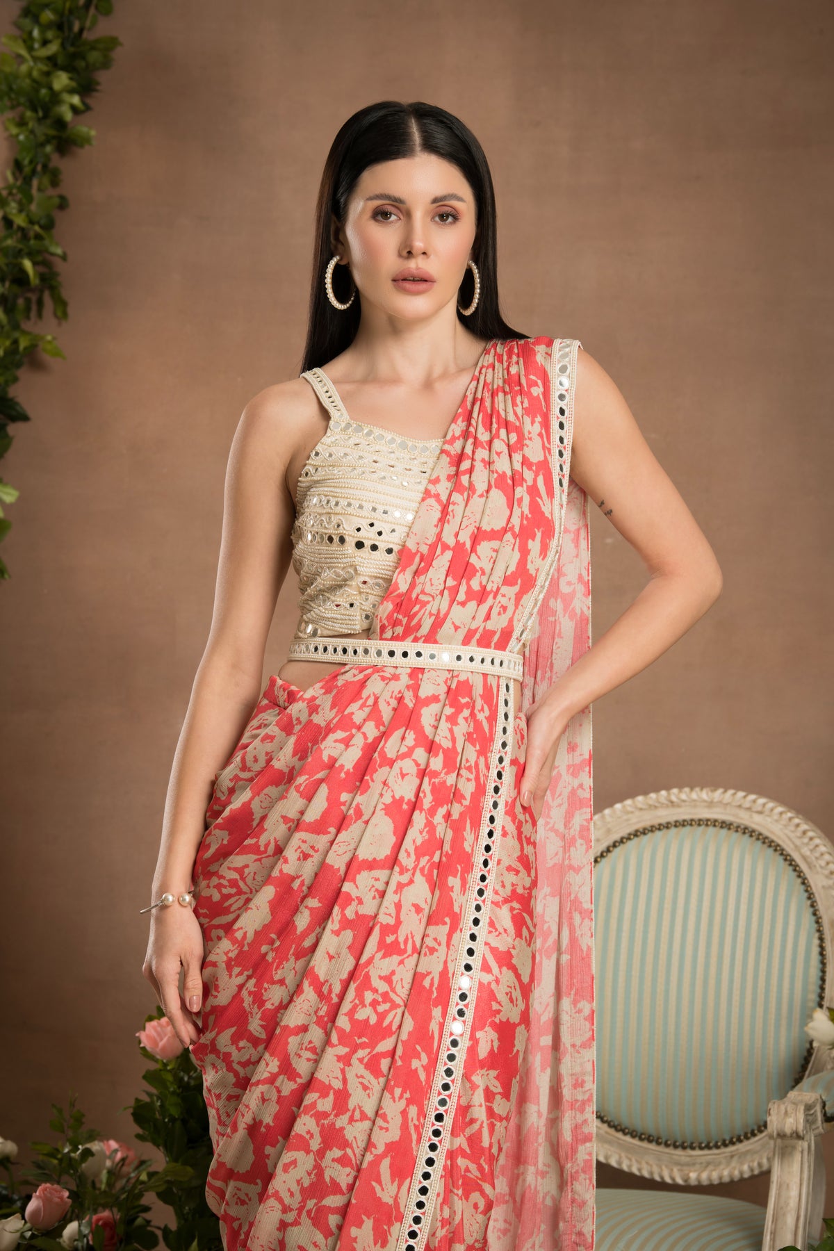 Pre Draped Peach Pink Saree