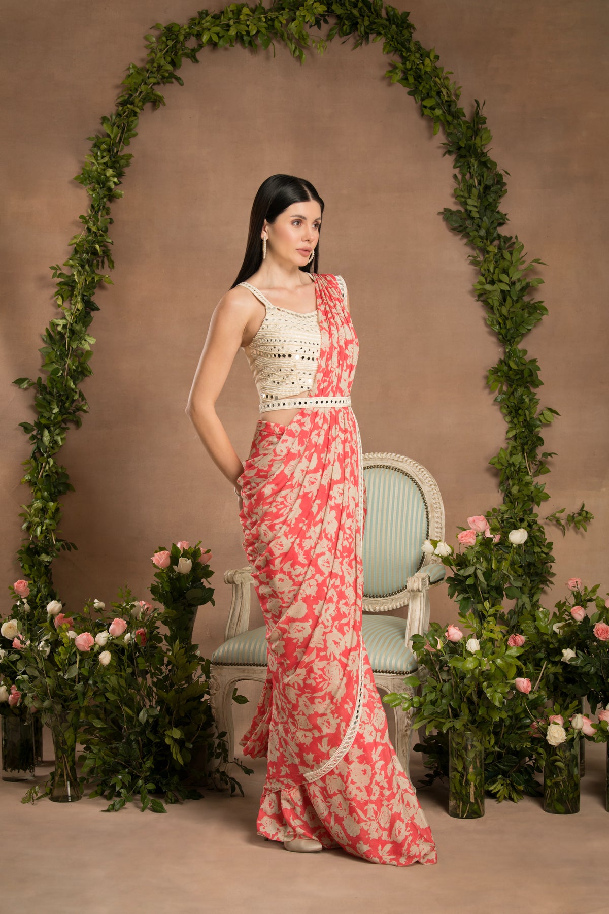 Pre Draped Peach Pink Saree