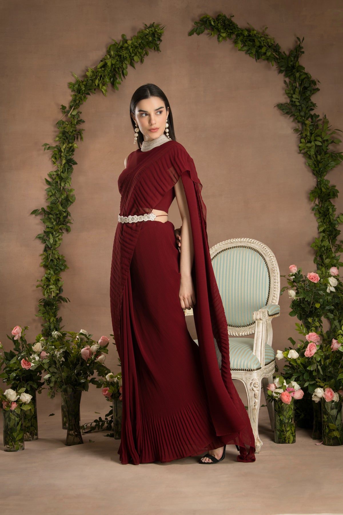 Pre Draped Rose Red Saree