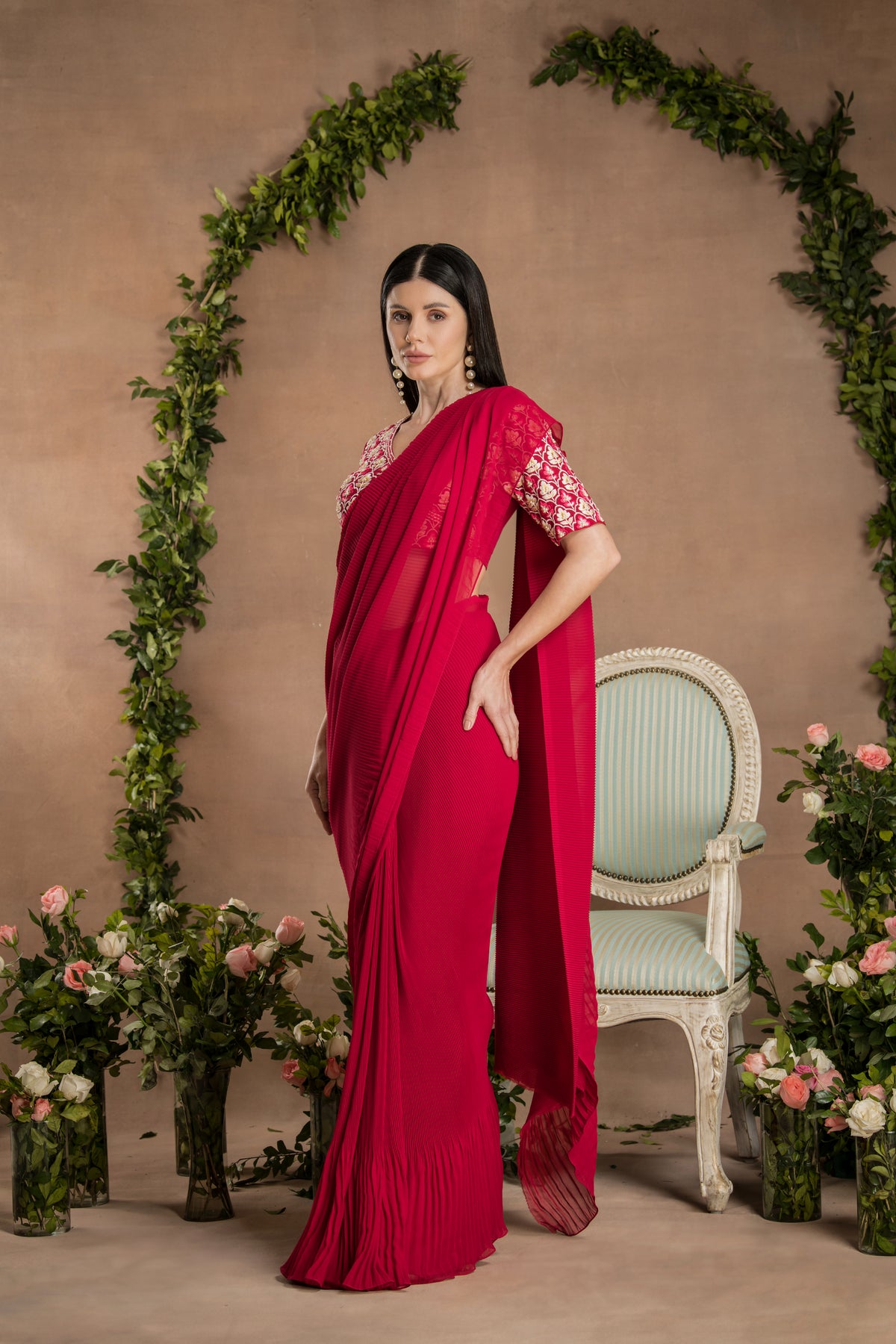 Pre Draped Ruby Red Saree