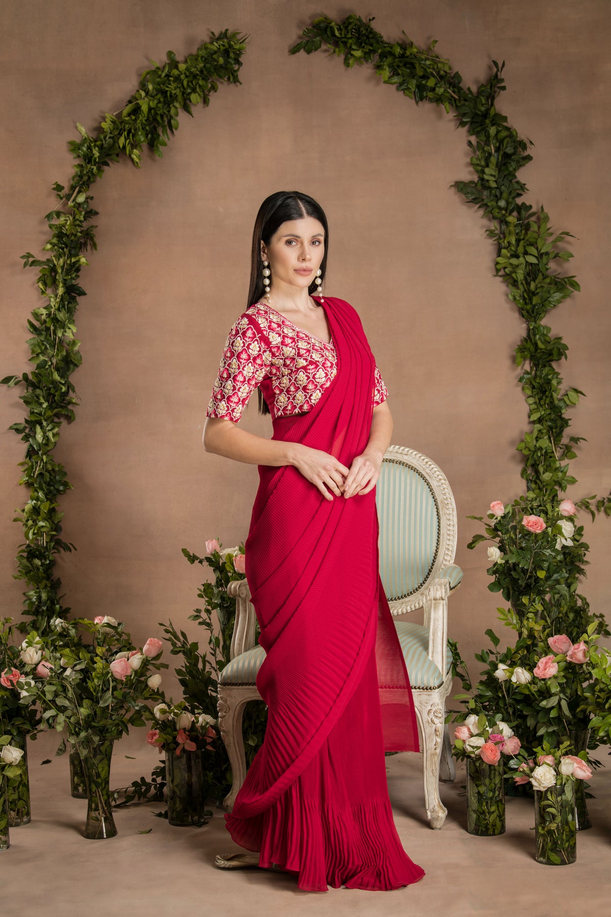 Pre Draped Ruby Red Saree
