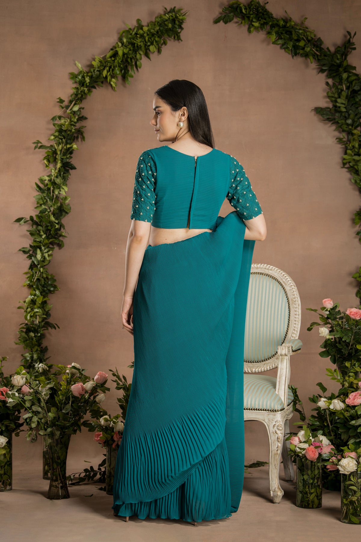 Pre Draped Pine Green Saree