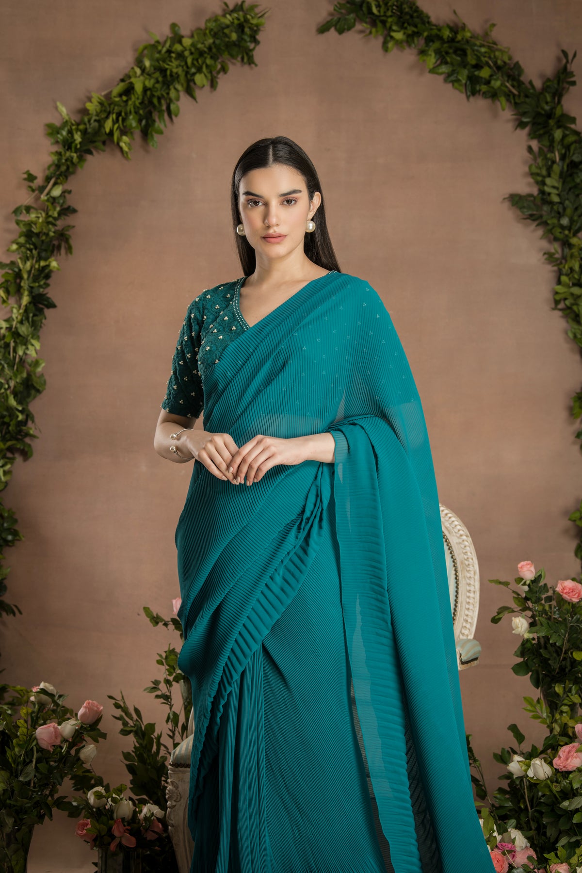 Pre Draped Pine Green Saree