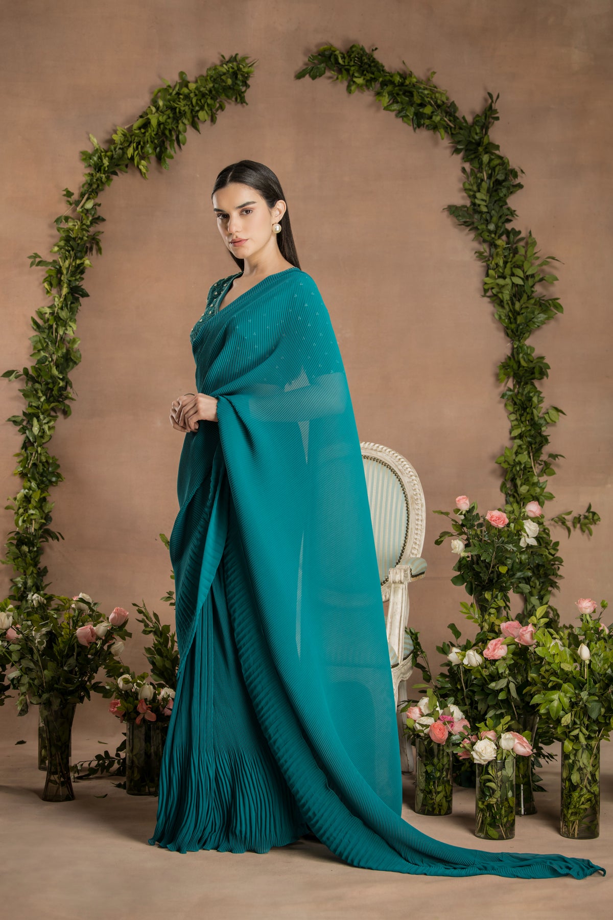 Pre Draped Pine Green Saree