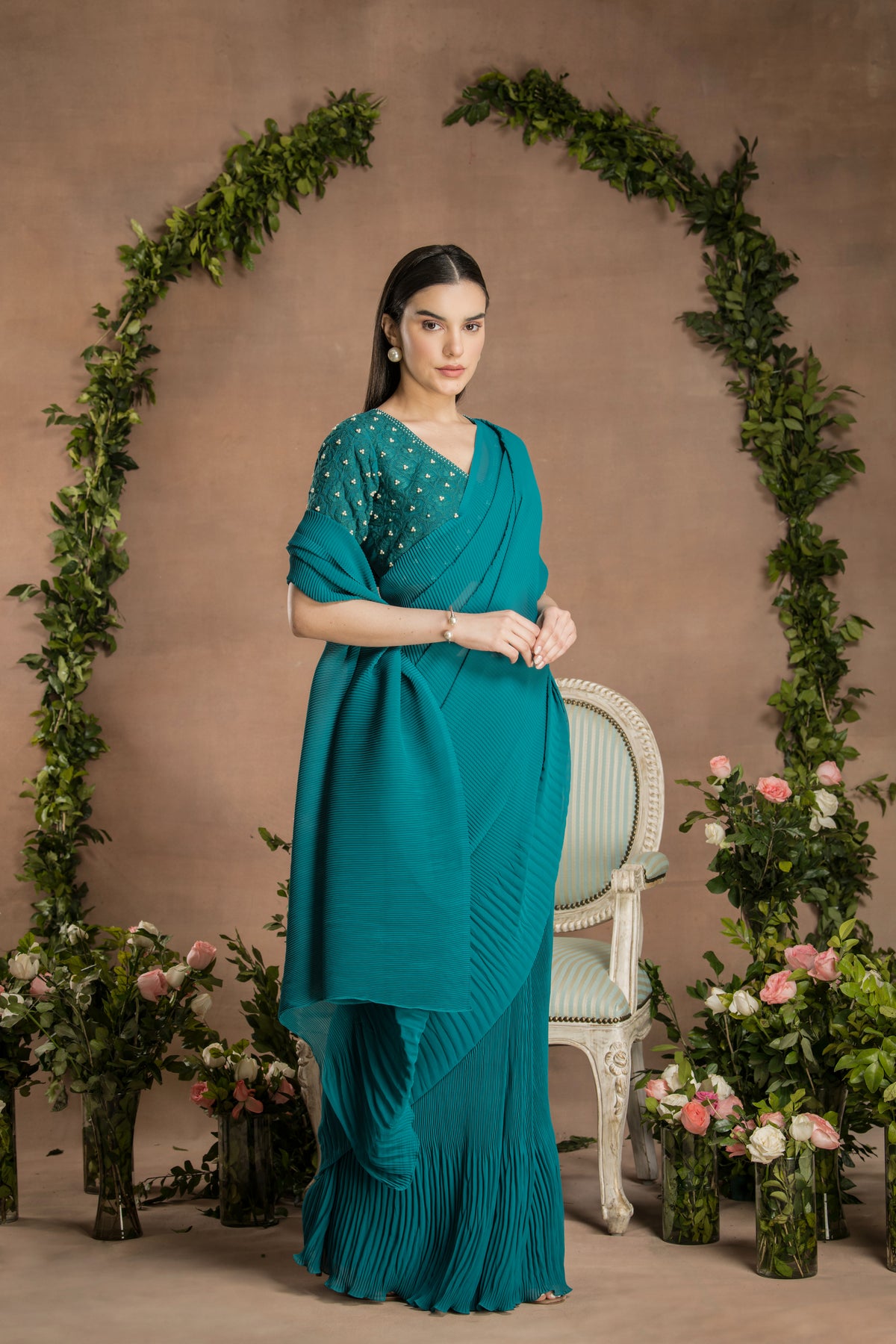 Pre Draped Pine Green Saree
