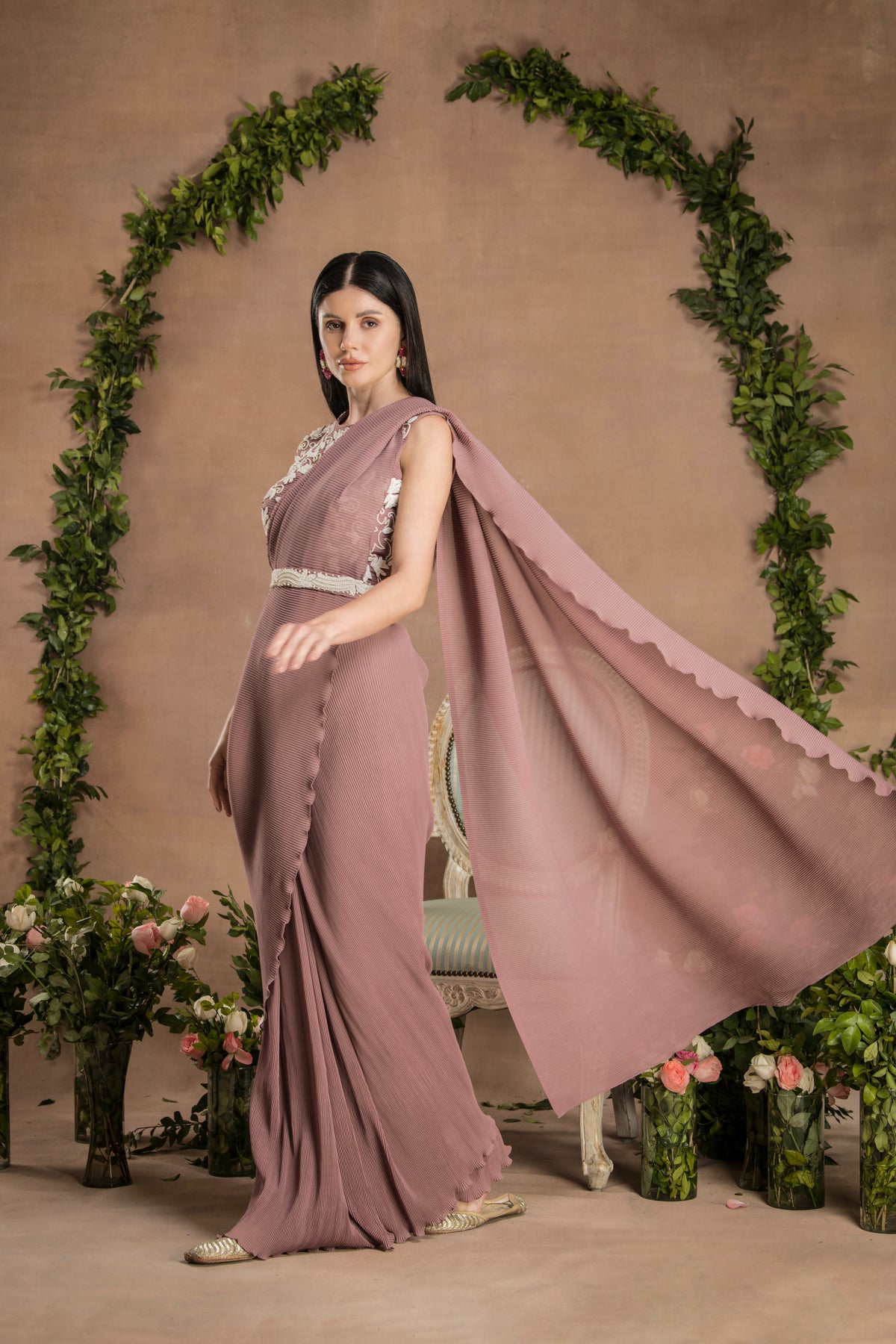 Pre Draped Mauve Colour Saree