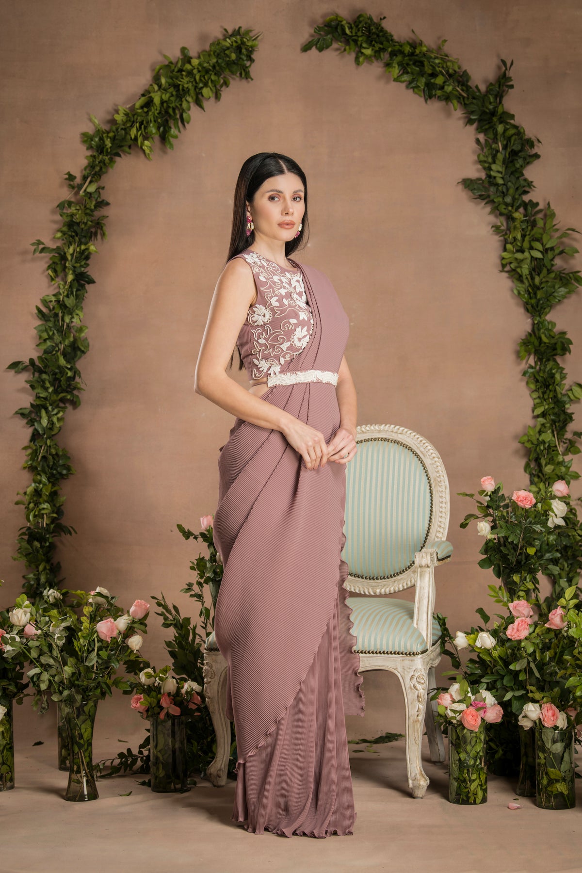 Pre Draped Mauve Colour Saree