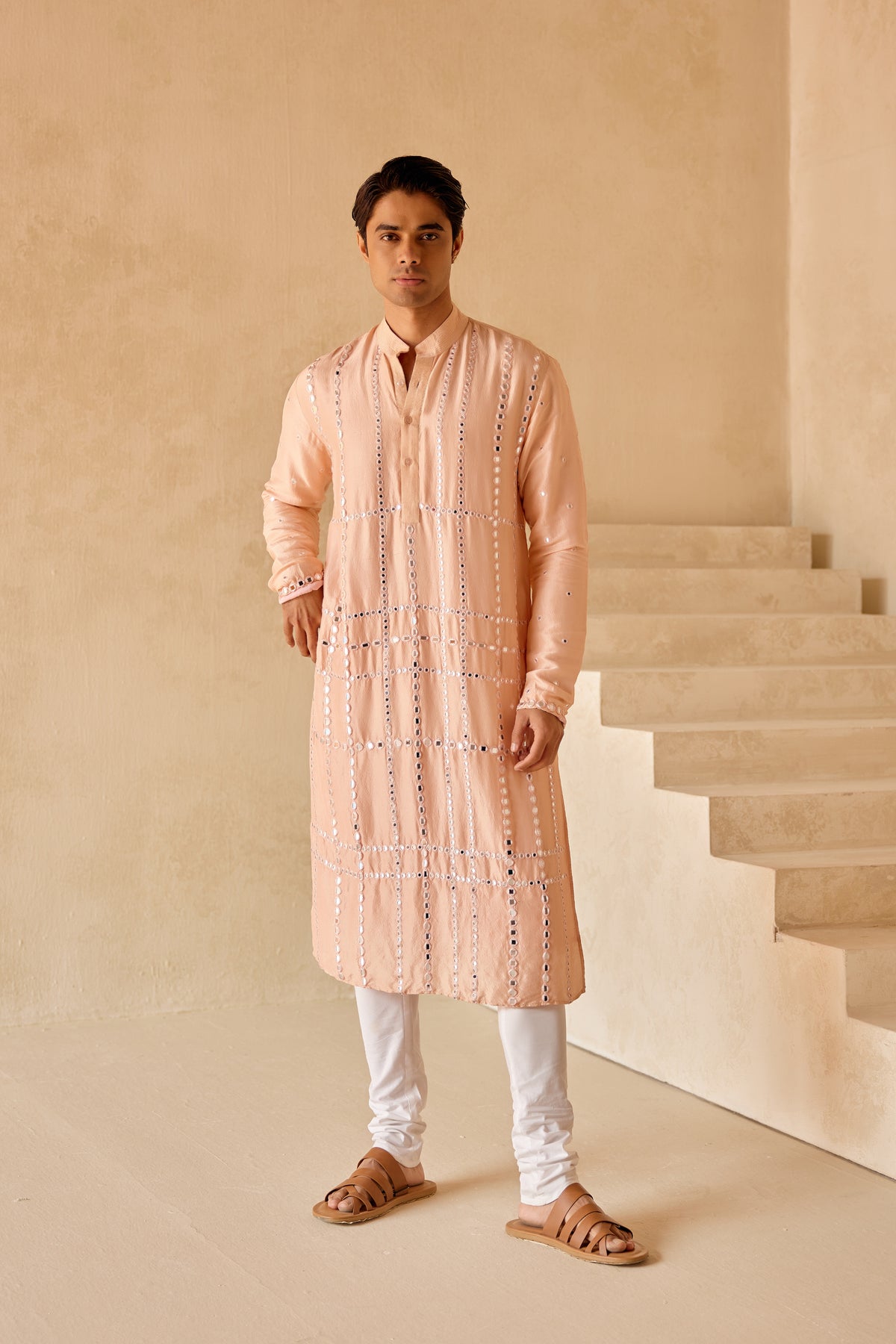 Peach Mirror Work Jaal Kurta Set