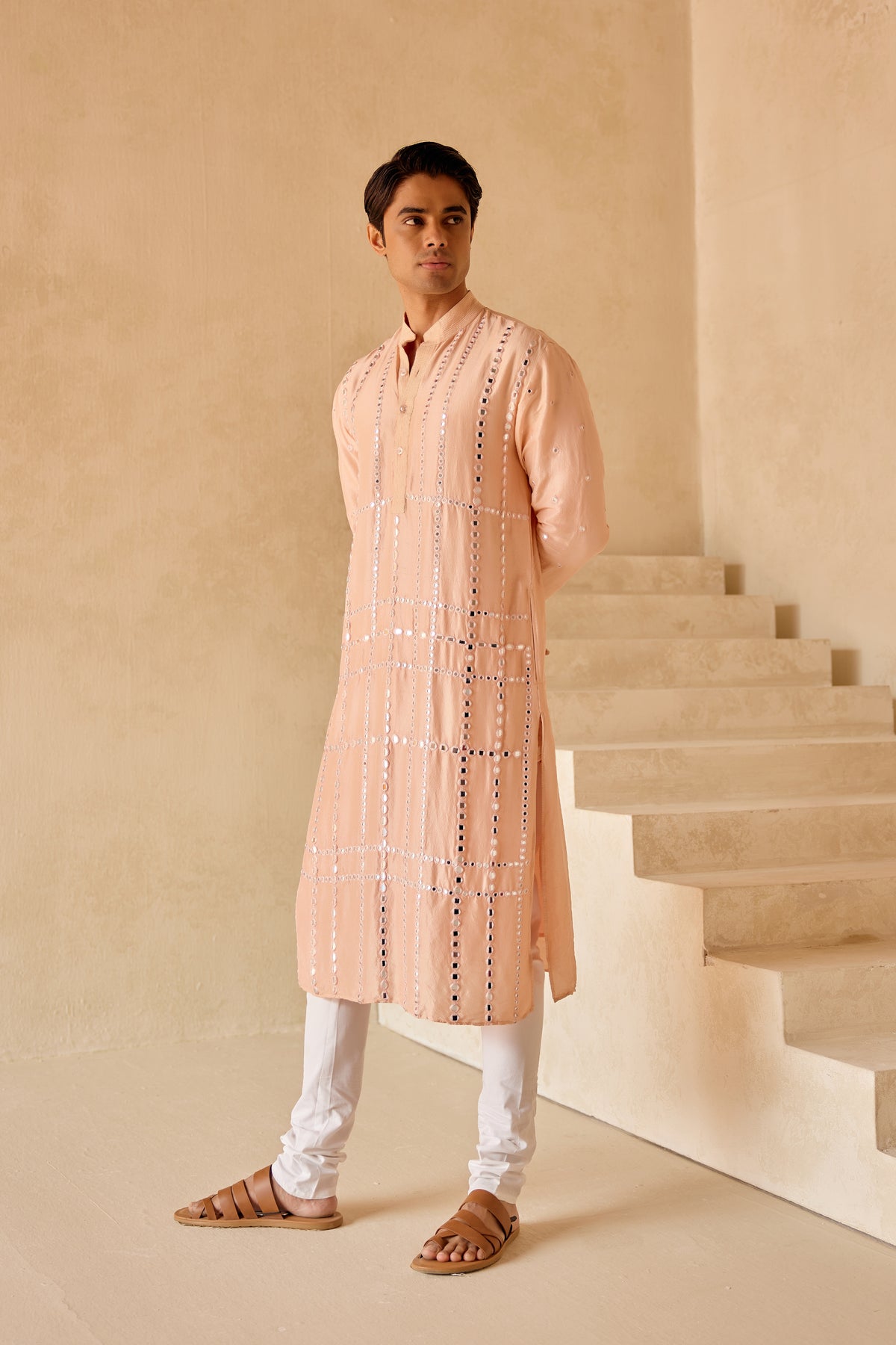 Peach Mirror Work Jaal Kurta Set