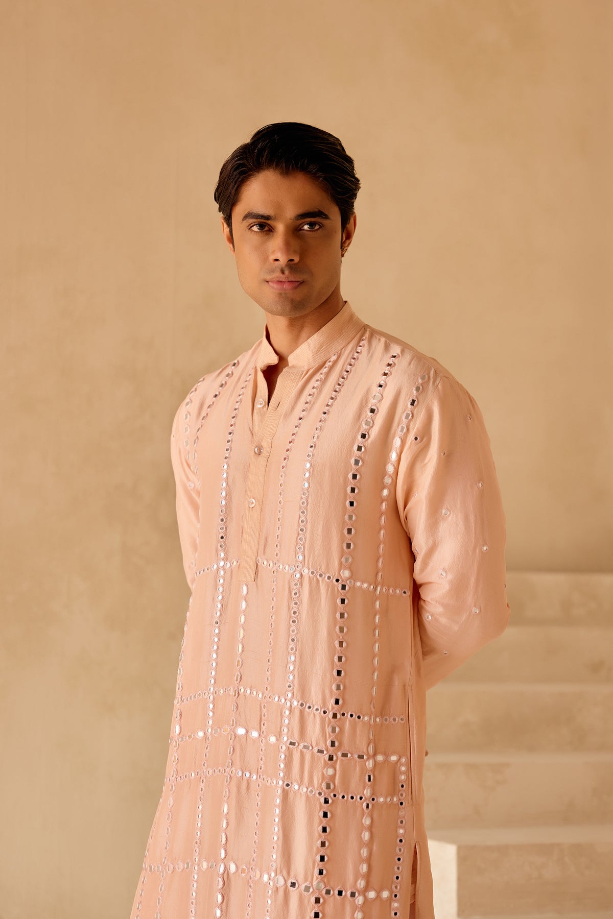 Peach Mirror Work Jaal Kurta Set