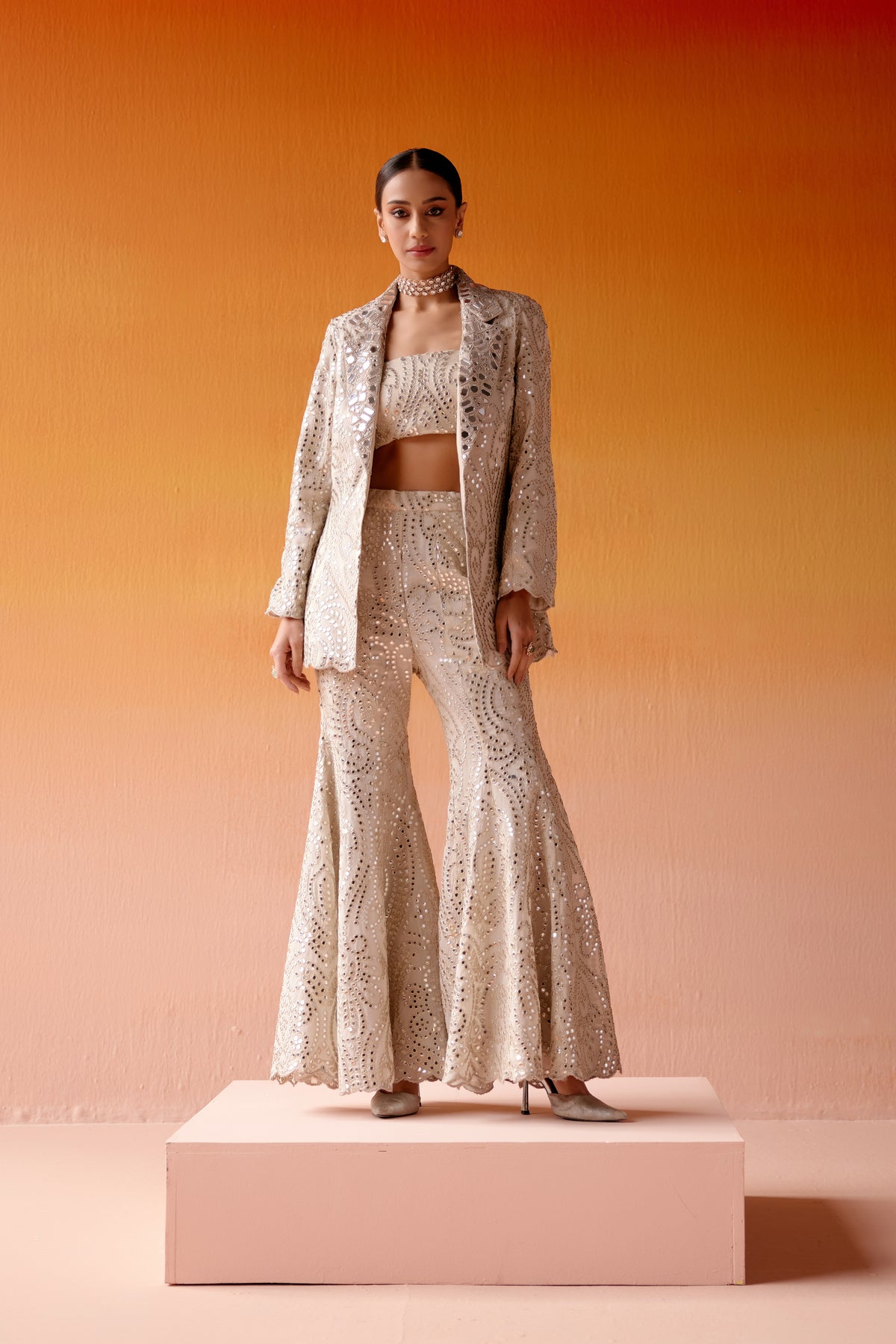 Ivory Mirror Work Scallop Jacket