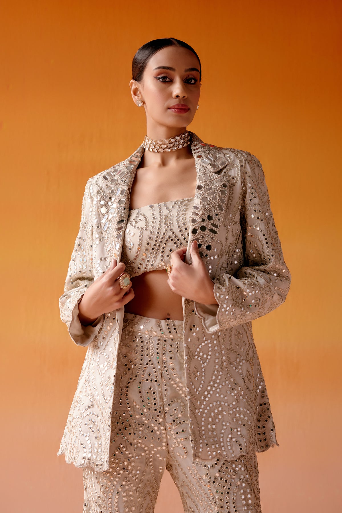 Ivory Mirror Work Scallop Jacket