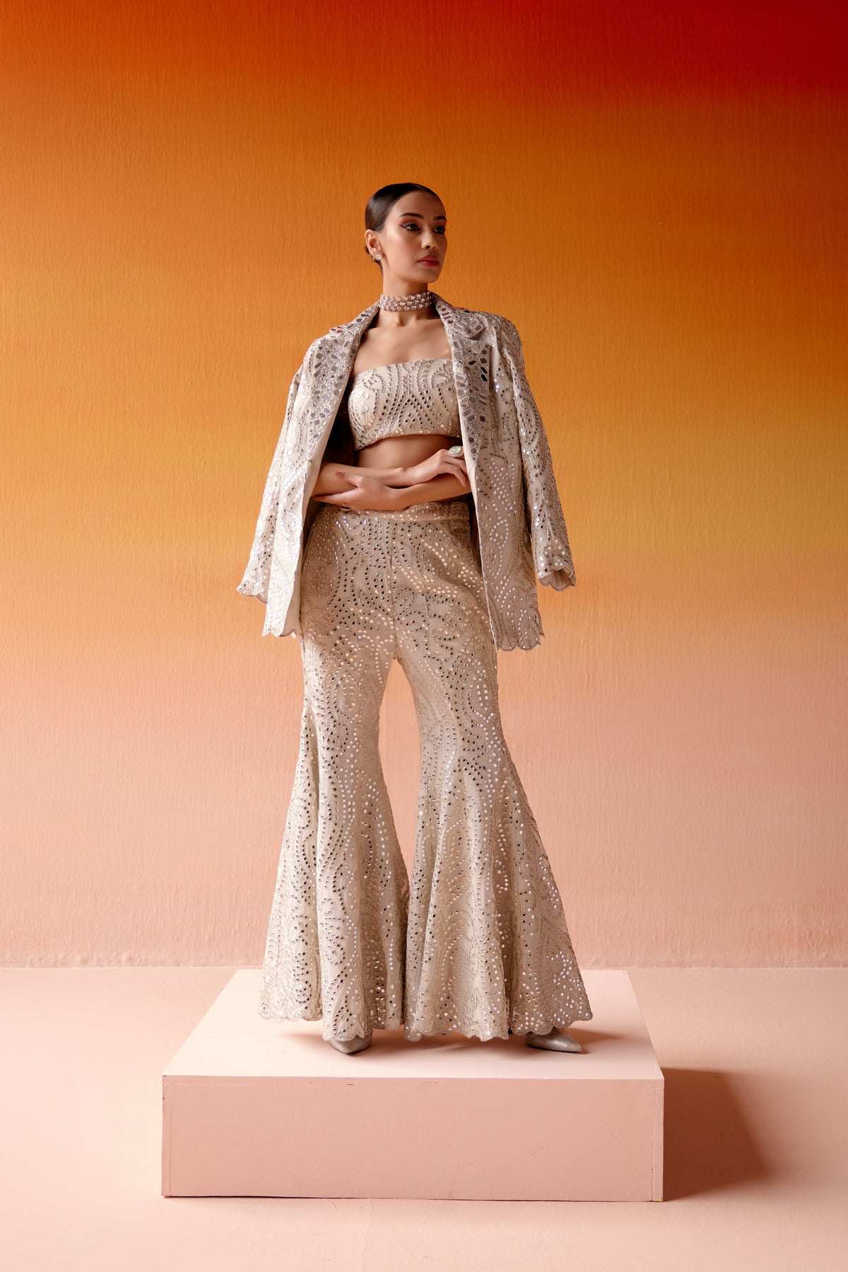 Ivory Mirror Work Scallop Jacket