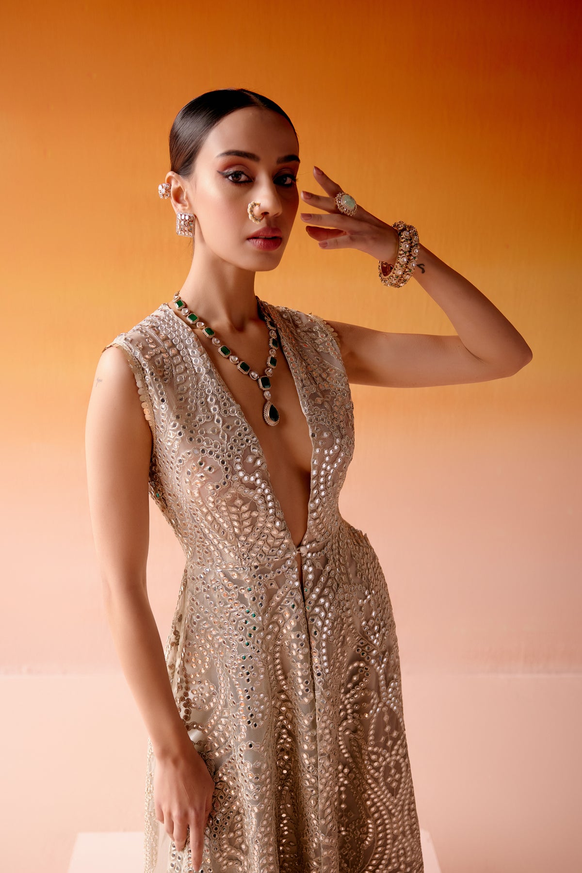 Mirror Work Sleeveless Long Jacket