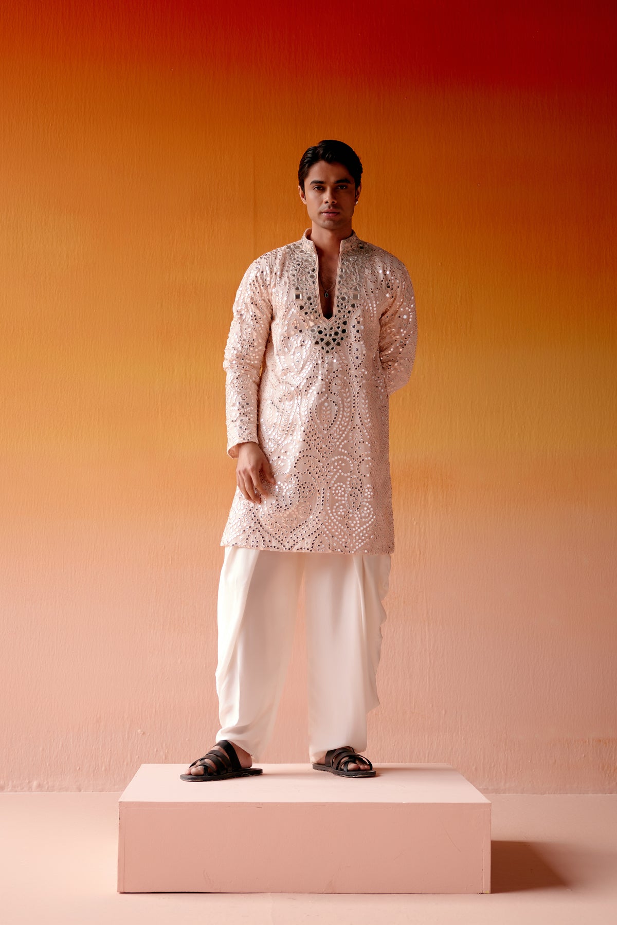 Pink Afghani Mirror Work Kurta Set