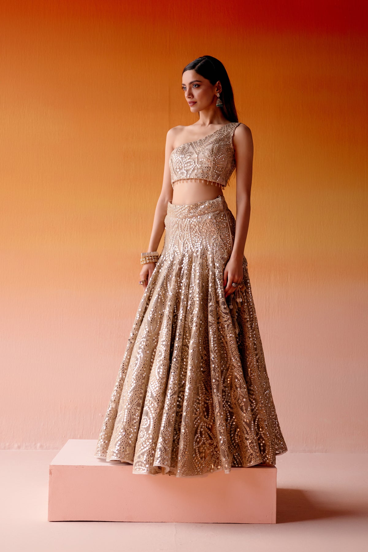 Mirror Work Golden Lehenga Set