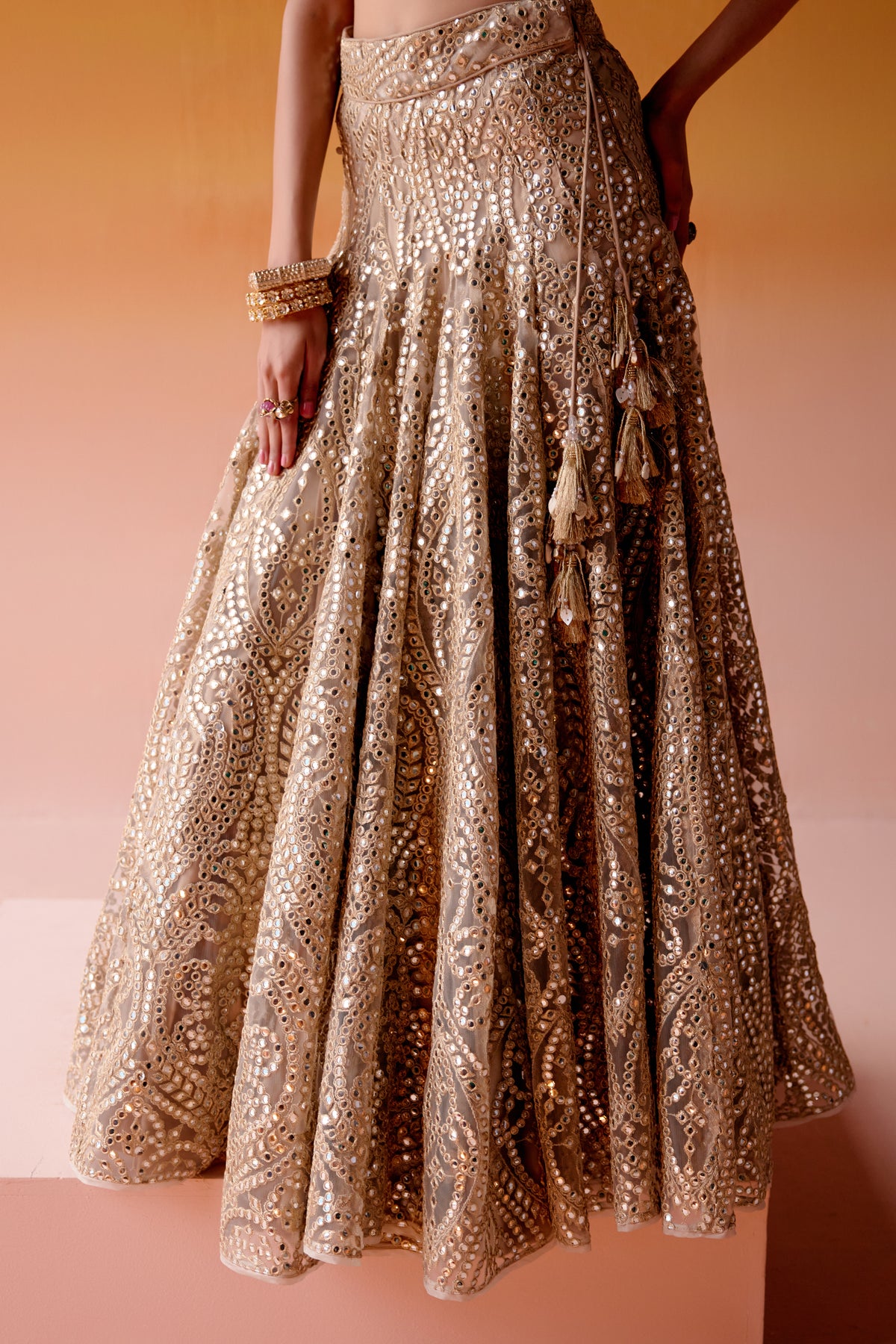 Mirror Work Golden Lehenga Set