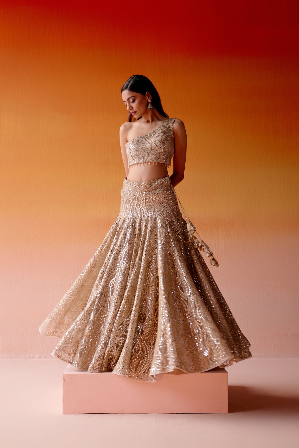 Mirror Work Golden Lehenga Set